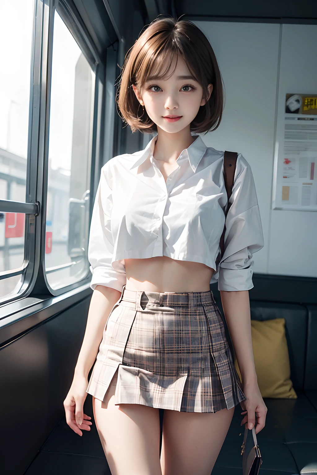 a beauty girl、(Super beautiful)、(ultra beautiful faces:1.5)、(white panties)、(Clear pubic contours)、Spread your legs、(high-school uniform)、Plaid mini skirt、Subway seats、(At SFW:1.1)、(((The cleft in the crotch is fully visible.:1.3)))、short-hair、eye glass、A gentle smile full of happiness、Expression in a state of excitement、yawning being、panting、