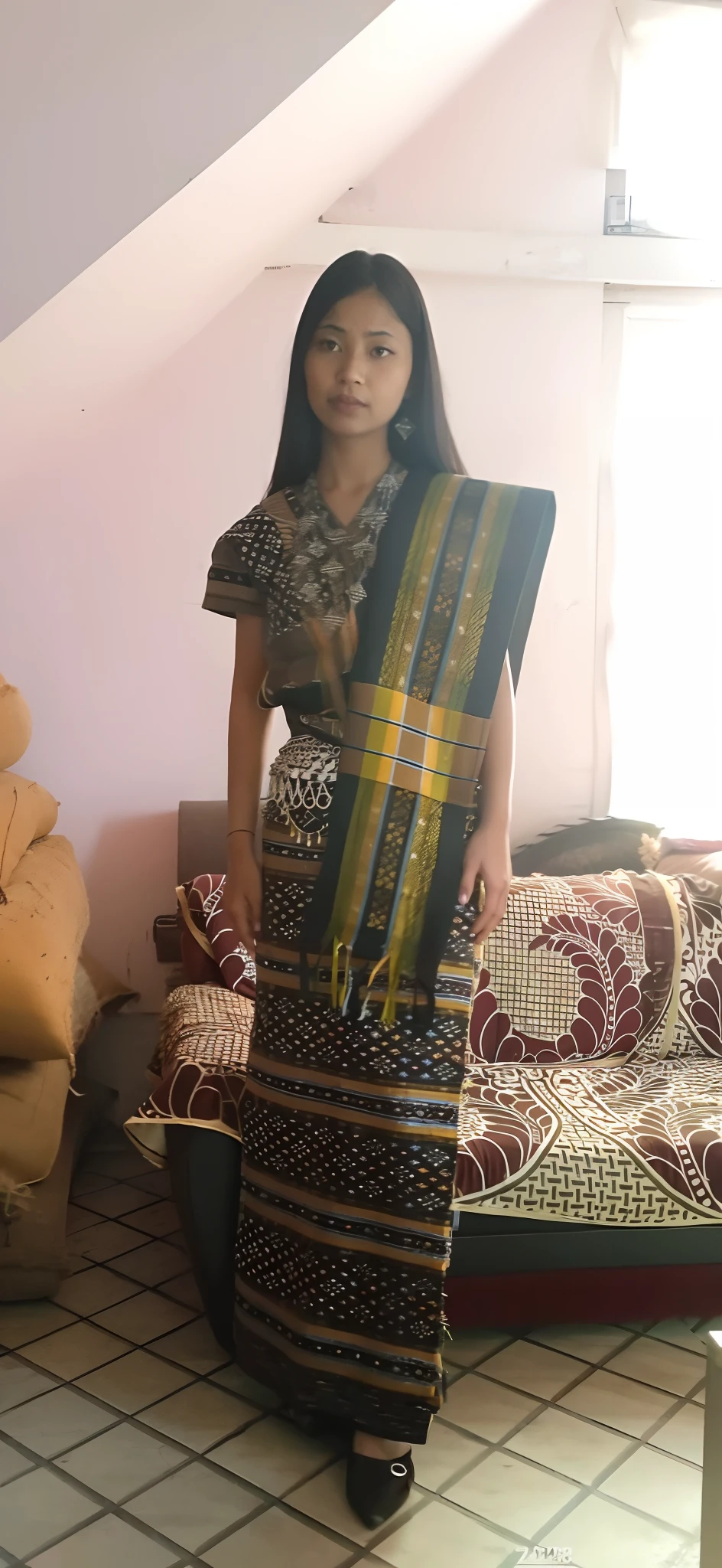 arafed woman in a colorful dress standing in a room, wearing an elegant tribal outfit, wearing traditional garb, traditional dress, traditional clothes, traditional beauty, idian dress, traditional clothing, wearing authentic attire, sukhothai costume, wearing sari, traditional, assamese aesthetic, sarong, traditional costume, very beautiful enga style, with fluent cloths