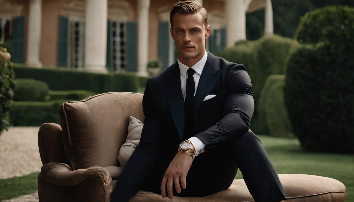 A young man,Handsome,musculous,Hairy body,White socks,Ultra-thin tights(Detailed eyes:1.3), nudes,Nudity everywhere,Blue eyes,massive bulge,Black hairs protruding from the bulge, full body Esbian,The character sits in a chair,raise both arms, Black hair (Elegant short hair,), pretty pose, Handsome man, Pretty face, royal elegant pose, merchant, (In a striped blazer), (Luxurious and classic living room in the surrounding environment) (Santon image) Ultra photo realsisim, The royal prince is looking for, Old money aesthetics, Italian exterior, Joel Kinnaman looks similar, Elegant suit, Rolex, Classic car in the background, Royal exterior, Wearing a Ralph Lauren suit, Raoul Bova's face is very similar, Italian luxury country mansion in the background