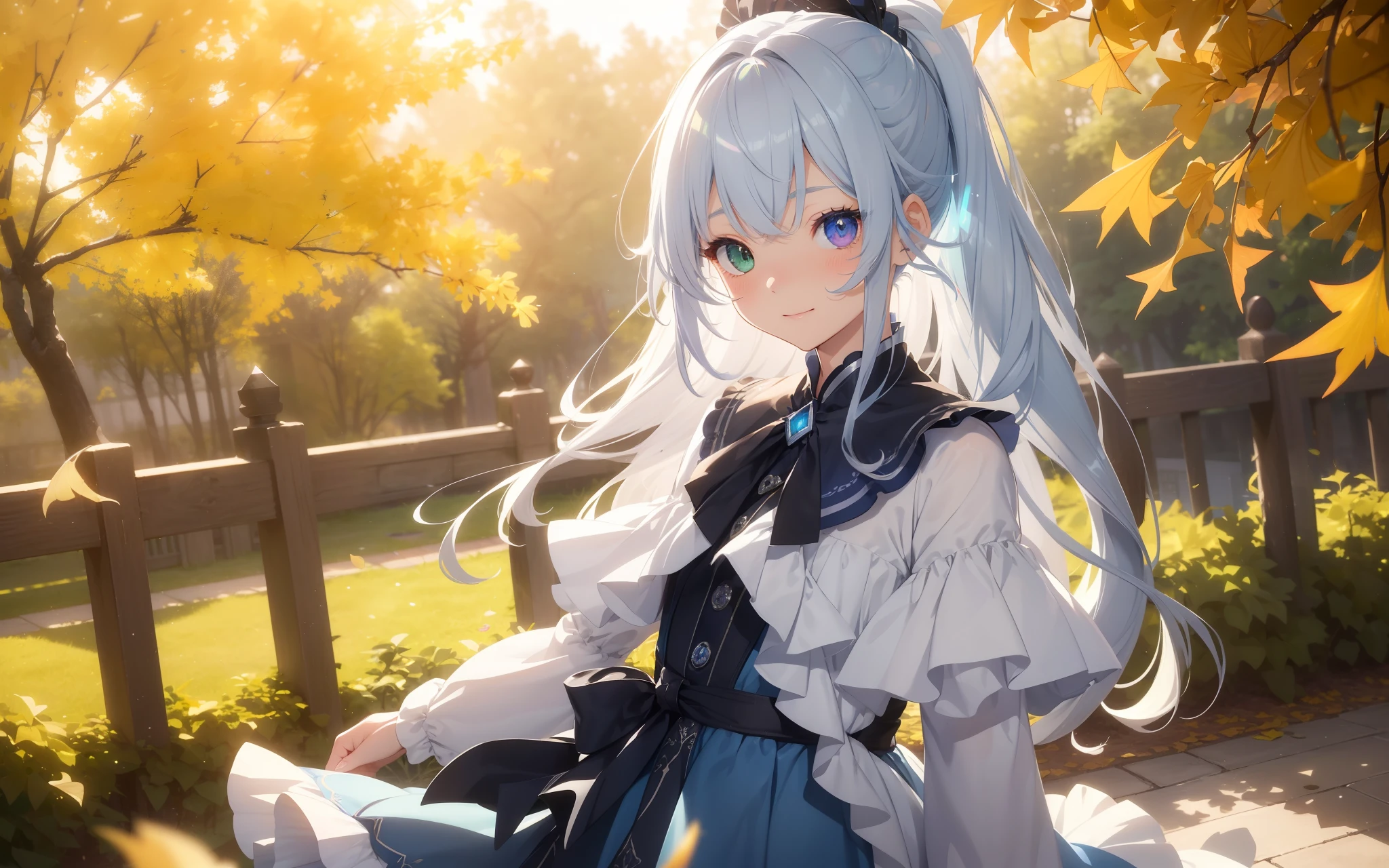 top-quality、Photorealsitic、The ultra-detailliert、delicate、orderly、High Details、bluish-silver ponytail、(Drooping heterochromia iris:1.4)、Gamine、10yaers old、embarrassed from、a smile、A slender、cowboy shot、blured background、(1 girl in:1.1)、GameCG、dynamic ungle、(Bioluminescent hair、radiant eyes:1.2)、ambient occlusion、ambient lights、ray trace reflection、Glow、glowing aura、Radiant hair、autumnal、ginkgo、Gingko leaves scattering、Gingko trees