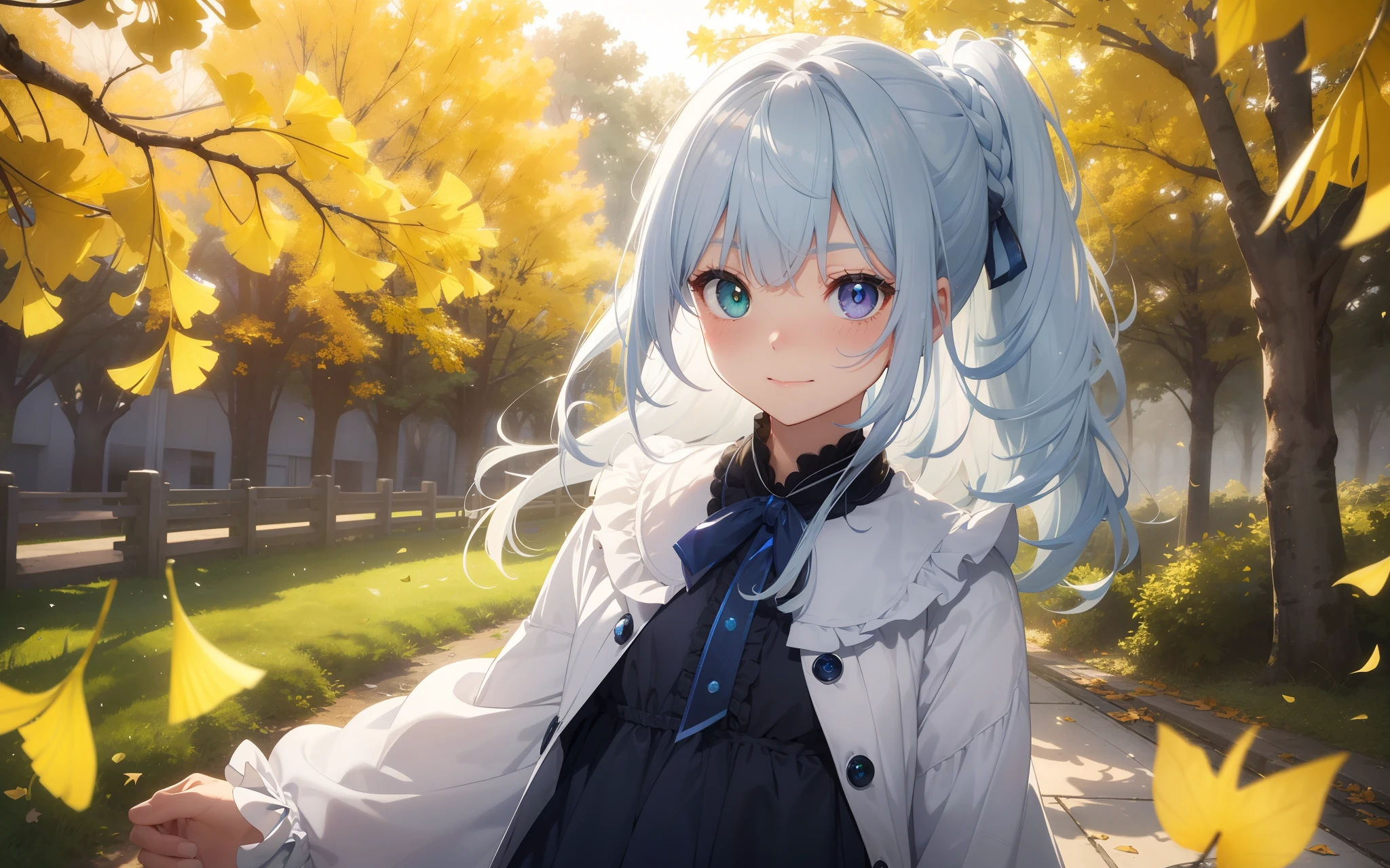 top-quality、Photorealsitic、The ultra-detailliert、delicate、orderly、High Details、bluish-silver ponytail、(Drooping heterochromia iris:1.4)、Gamine、ers old、embarrassed from、a smile、A slender、cowboy  shot、blured background、(1 girl in:1.1)、GameCG、dynamic ungle、(Bioluminescent hair、radiant eyes:1.2)、ambient occlusion、ambient lights、ray trace reflection、Glow、glowing aura、Radiant hair、autumnal、ginkgo、Gingko leaves scattering、Gingko trees