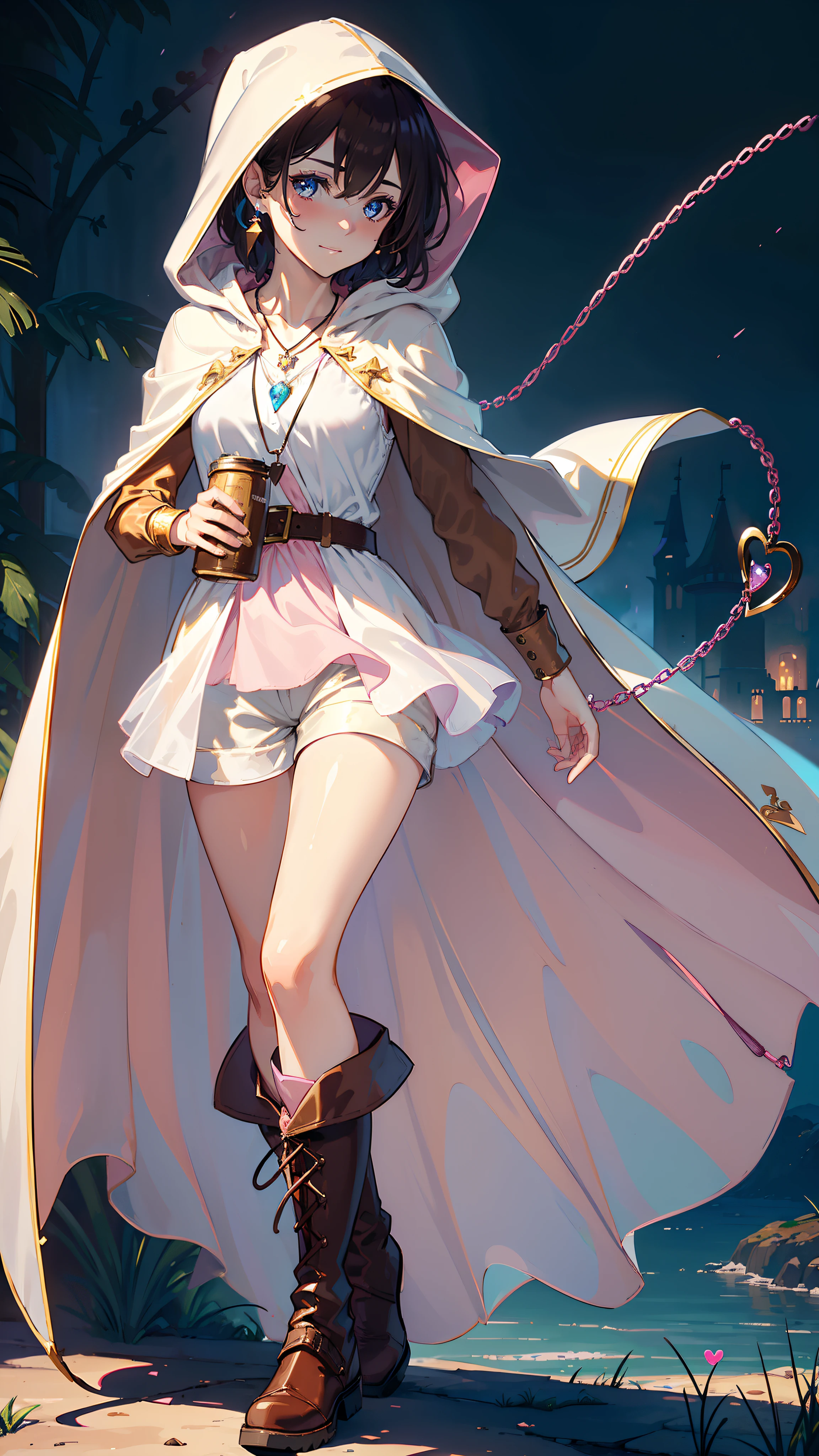 masutepiece, ultra-detailliert, 8K Portrait, Raw photo, a portrait photo of, Highly detailed face, beautiful and meticulous eyes, ((Fantasy)), Young beautiful, 17 year old girl, Light brown short hair, Kind face, Cute smile, adventurer, (((Hooded))) (((White silk long cape))) Fluttering in the wind, (((Brown Shirt Dresses))), (((Dark brown shorts))), ((Leather boots)), (((Pink Heart Necklace))), One-sided blue earrings, ((Single Sided Blue Jewel Bracelet)), Holding a bottle of maple syrup, Midday Sun, Hyper realistic, Body model, tiny chest, beutiful breast, Long legs, in a castle, Camera focus on face, Ambient lighting, Shadow details, strong breeze, Light fog