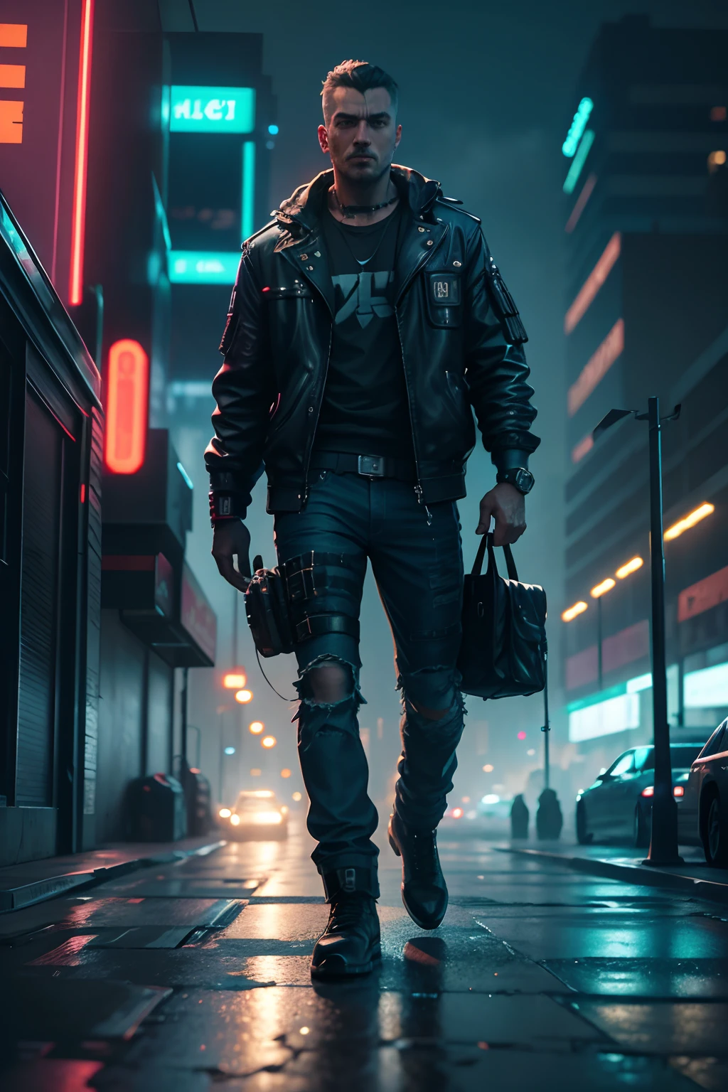 cyberpunk, night, dark, neon lights. city, dystopian future, sci-fi, (8k), (best quality), (masterpiece:1.2), (realistic), (photorealistic:1.0), ultra-detailed, denim bag on the street