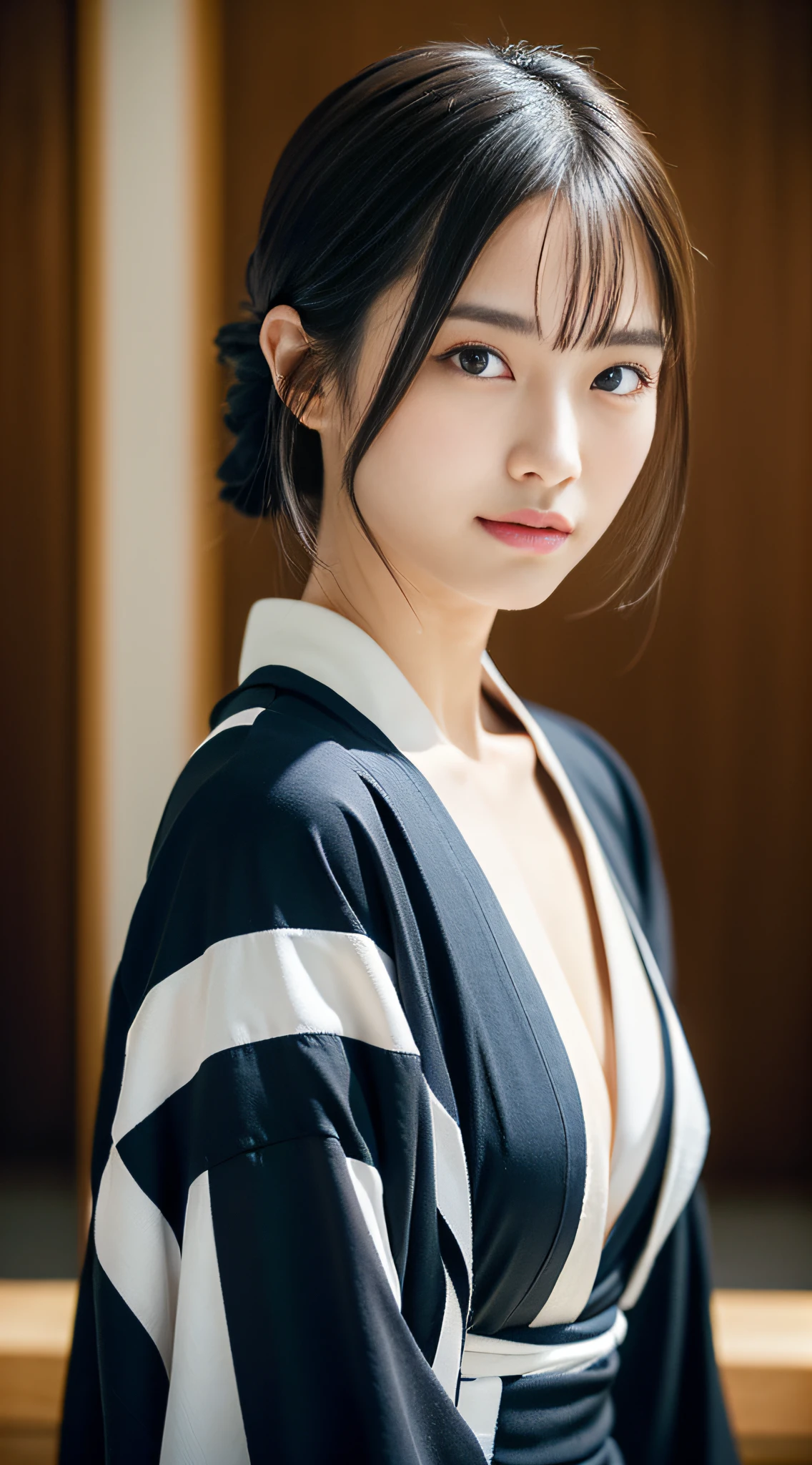 (((32k,high detal,high-detail、masterpiece,Attention to detail,full body Esbian,独奏))),Raw photo & realistic atmosphere,beautiful dark blue eyes,Detailed mouth,Glossy lips,Detailed eyebrows,Eyes drawn in detail with soft white skin that shines in every detail、Very beautiful eyes with azure eyes,Detailed lips、Very beautiful face,Very well-formed face、Lifelike face,shiny beautiful lips,Beautiful eyebrows,Infinite reality, Realistic Young Gravure Idol,Very cute high school girl, , Young Sensual Gravure Idol, Young Gravure Idol, extremely beautiful and cute17-year-old pointed samurai beautiful girl,with a flushed face,Incredibly beautiful and classy17 year old beautiful girl,natural soft light,(Black shiny hair,,bare-legged,Samurai kimono and black hakama,Beautiful kind eyes:1.5),(youthfulness,Heavy wear,Return to bare neck,Gentle smile,well-shaped breasts,,Immature body,japanese samurai,Japanese-style kimono based on red, Black and navy blue,Japanese style medium shorthair,Hang your hair high and tie it into one,Beautiful posture,crouching down,no-makeup,woman samurai,woman swordsman,Influence of Shinsengumi,Looking into the distance,Japanese pattern haori,Japanese style hair ornament,cleavage of the breast,Wearing bowl rolls,No bra,Black Hakama,real face,No makeup:1.6)