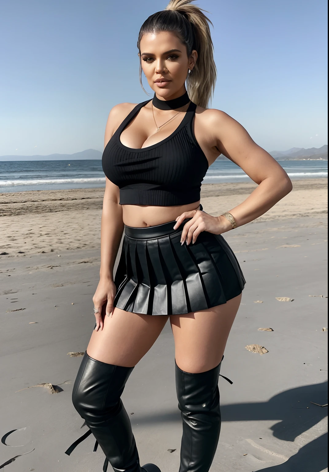 Khloé Kardashian in denim skinny jeans, knee high boots, black tight sporting, full body photo, tied up high ponytail hair, posing near pool, sunny day, navel out, hourglass figure, small breasts, look at camera and laugh, 40 yo, soft volumetric lights, intricate details, (ArtStation:1.2)