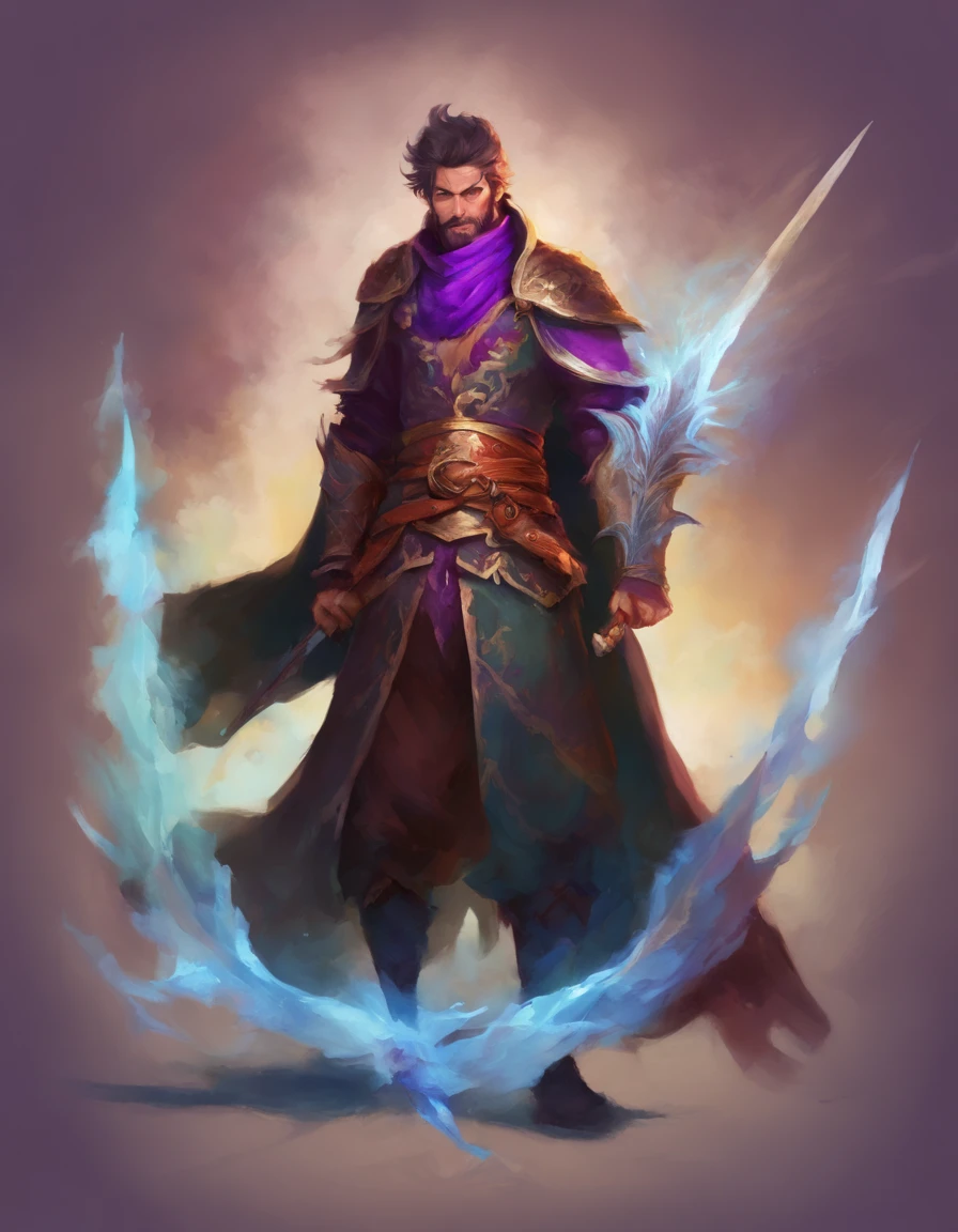 Homem nordica encapuzada, segurando uma espada, assustador, cores muito brilhantes, light particles, com luz brilhante, Mshiff, Arte do papel de parede, Papel de parede UHD, artistic, intrincado, cores frias, tons de roxo