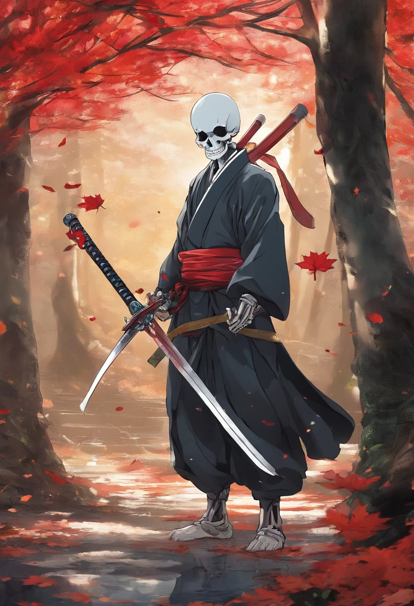 Manga Storyboard: 1.8, Manga Layout,(8K, 16 K, awardwinning, Highest Quality, High resolution, Super Detail,), Highly detailed 4K resolution digital artwork, (Skeleton Swordsman: 1.3), Samurai,Kimono、Hakama's lighting is dynamic, Complex details highlighted, Splash art with triad colors and deep tones, Storybook style, Warriors have no hair, The best camera models and lenses, Japanese Katana Sword, A large tree with autumn leaves, red leaves, Return blood, Overwhelming beauty, A bundle of swords stuck in the ground, Symbol of strength. accurate anatomy, (isolation: 1.1), (Reflected Light: 1.2), glass, super detailed, Convoluted, oil on canevas, Dry brush, detail Enhanced, Dynamic Poses、dynamic compositions、Detailed finger、Detailed hand、A detailed face、32K , hyper HD, Comic Panel Layout, Voice bubbles, english text, Hand-drawn audio stickers used in cartoons, Spoke Heart, Read the ellipsis, Spoke question mark, Read an exclamation point, Read notes aloud, Otherworldly, 1990s style ), Effect Lines