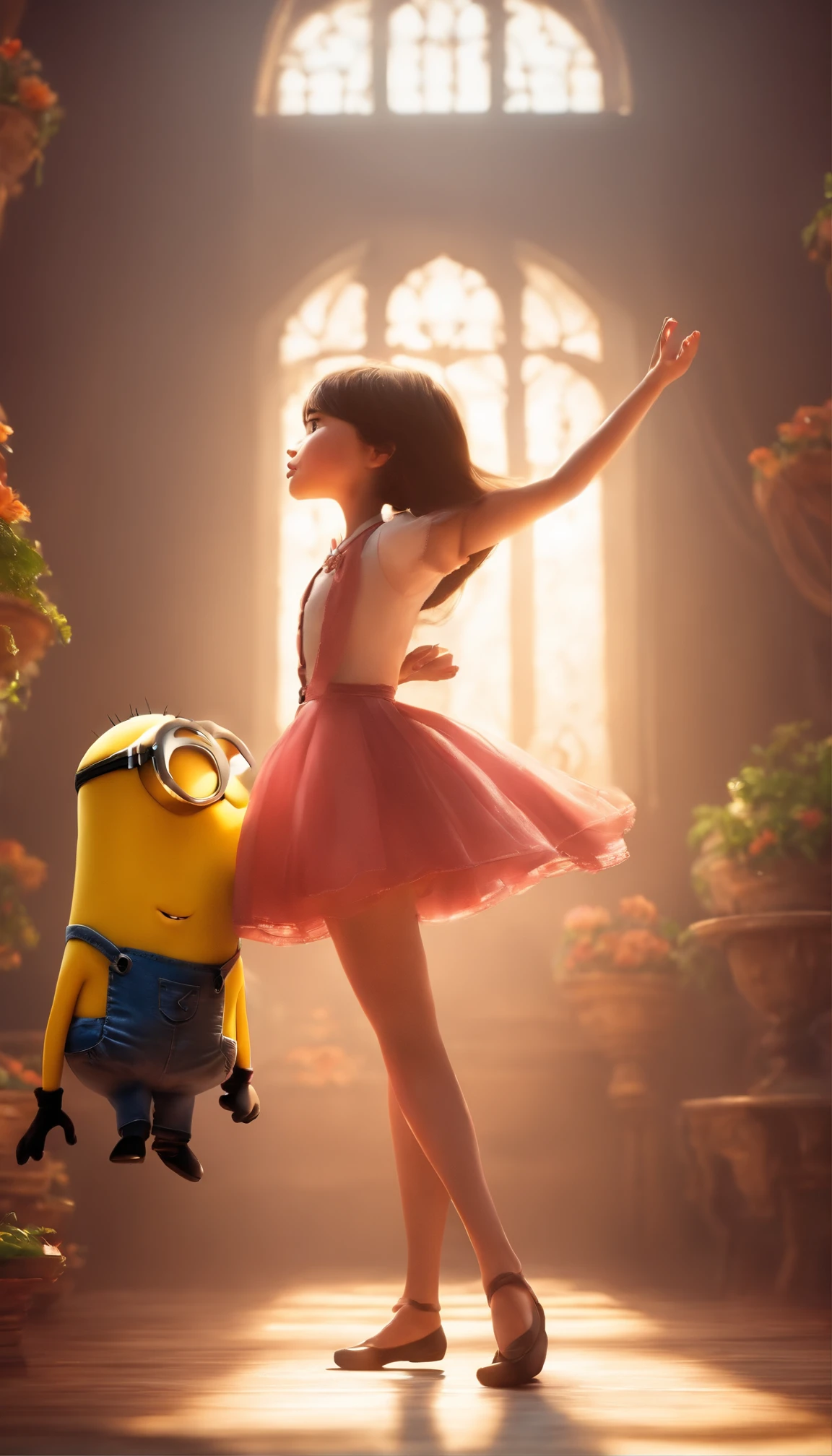 Minions dance with a girl anime stye [whimsical,fun,playful],happy,minimalist colors,soft lighting