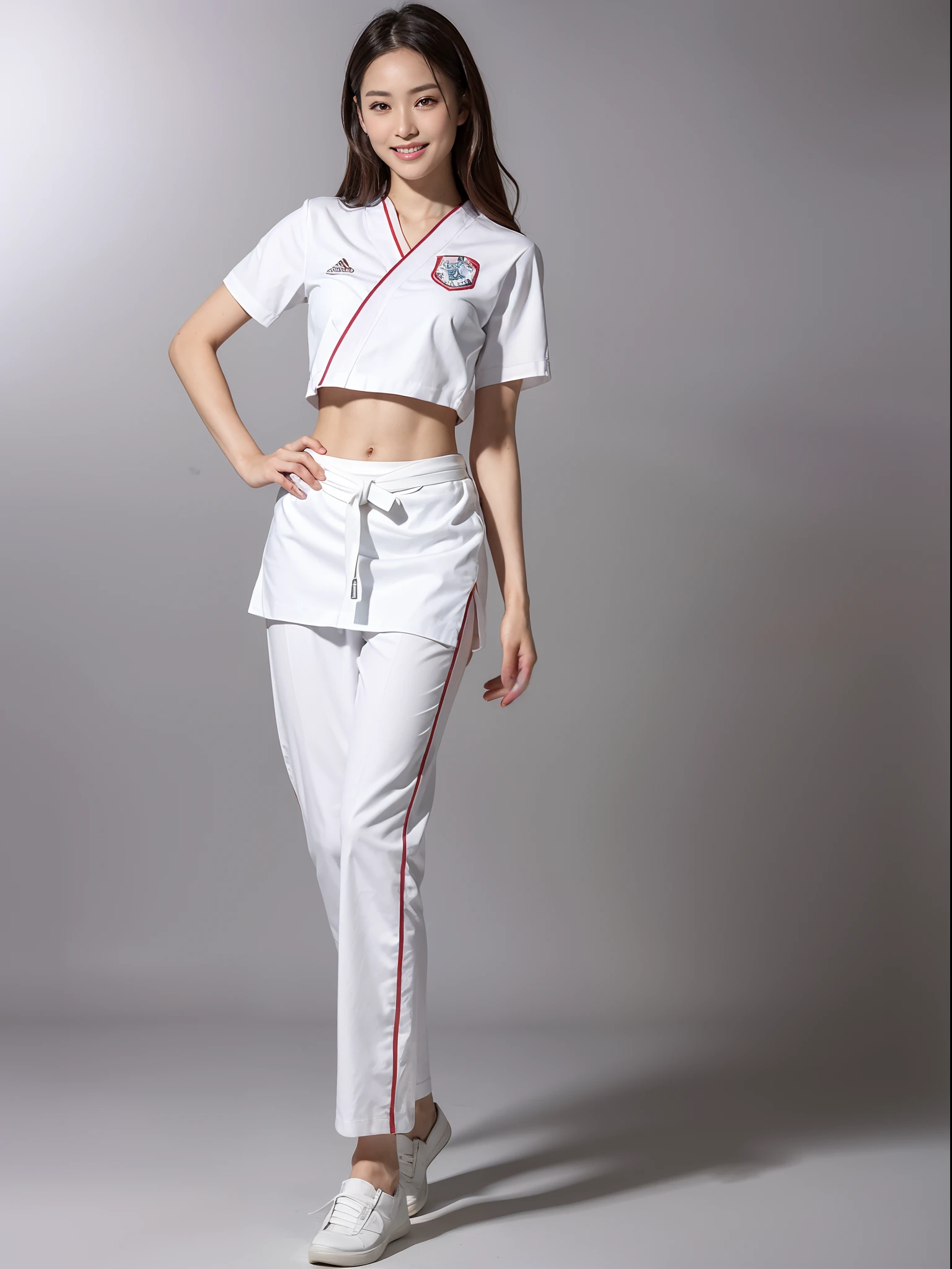 (Photorealsitic)(sixteen years old), Perfectly beautiful woman, (Full body 8K portrait), Dance Break Dance, Stick out your fist, Large and dynamic hand and foot movements, Correct skeleton, White Karate Uniform, White karate pants, Large bust, Perfect facial detail, (Smile: 1.15), attractive beautiful face, gazing at viewer, a small face, 二重まぶた, Beautiful detailed eyes, long eyeslashes, ligh brown hair, Hairstyle is bob style, Toned waist, large full breasts, Beautiful thin legs, toned ankles, bare-legged ,TOKYOcty