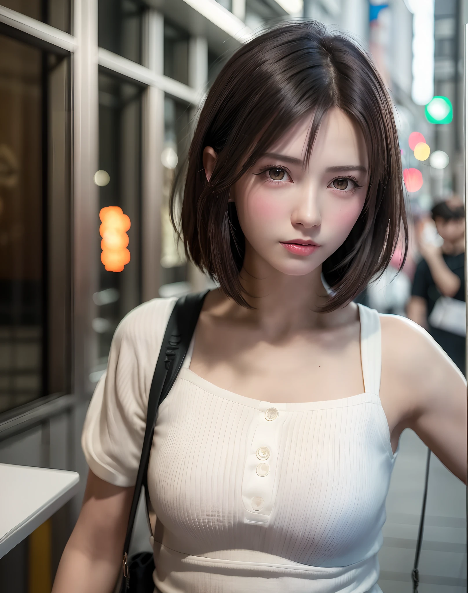 (​masterpiece: 1.3), (8K, Photorealista, Photo RAW, top-quality: 1.4), Esbian, Walking the streets of Tokyo,  (1girl in), gorgeous faces, (Lifelike face), (A dark-haired, short-haired: 1.3), Gorgeous hairstyle, realisticeyes, beautiful finely detailed eyes, (Peter Lilith...