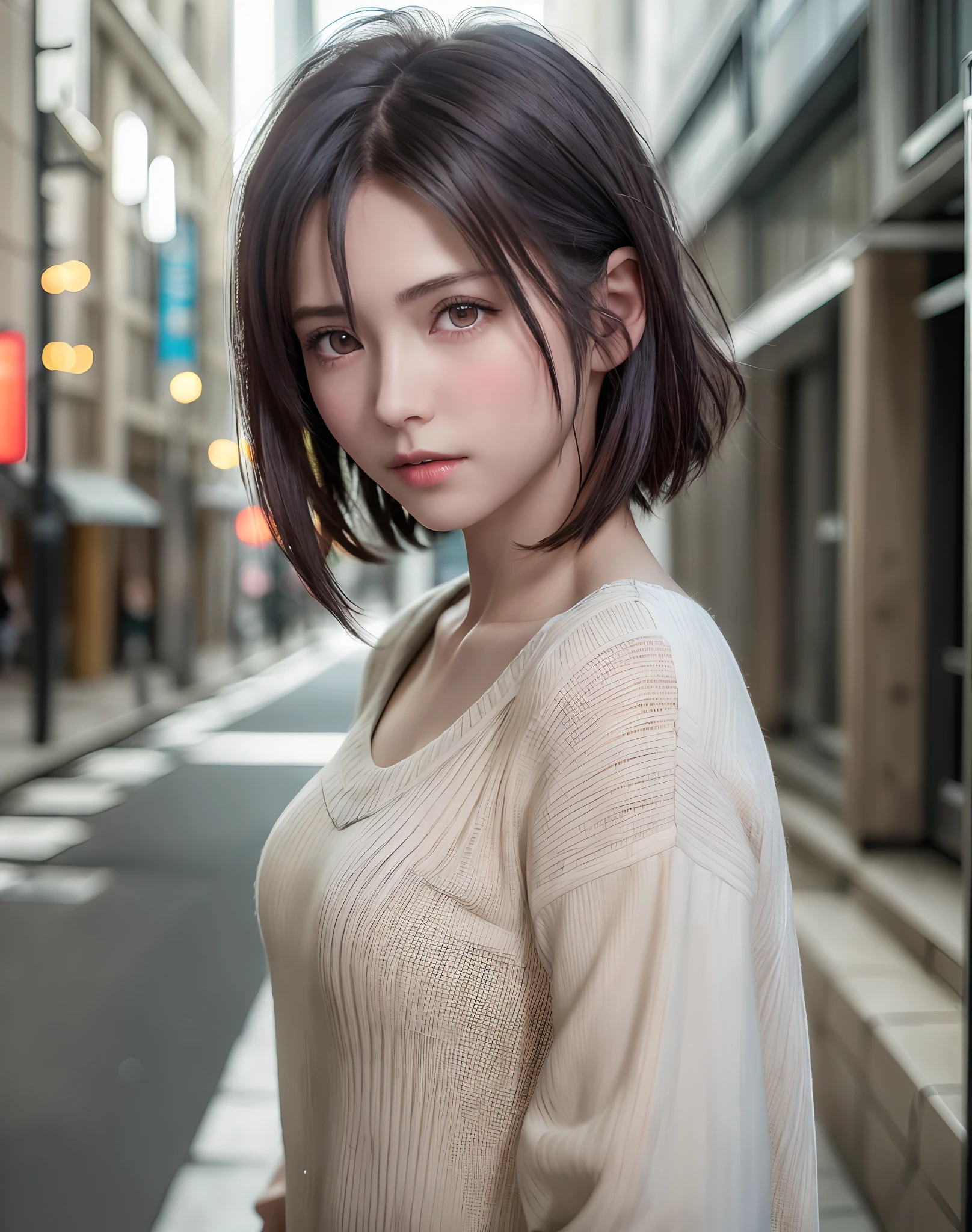 (​masterpiece: 1.3), (8K, Photorealista, Photo RAW, top-quality: 1.4), Esbian, Walking the streets of Tokyo,  (1girl in), gorgeous faces, (Lifelike face), (A dark-haired, short-haired: 1.3), Gorgeous hairstyle, realisticeyes, beautiful finely detailed eyes, (Peter Lilith...