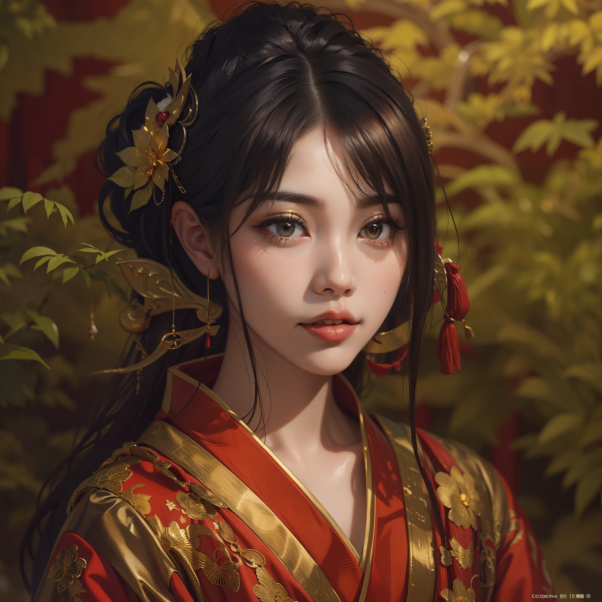 Detailed background((a moon:1.5),Desolate city)、BREAK,elaborate costume{Luxury kimono(Dark red kimono(Detailed golden embroidery,))}、(Japanese Idol(actress):1.2)(face perfect:1.2),Depicting a beautiful and classy adult woman。glossy dark hair,poneyTail,Heart in the eye。 Wallpapers 16K, .Blur the background with a sickle,((masutepiece)), ((Best Quality)),{{a portrait photo of}},full body Esbian、Faraway view,Like a corporate logo