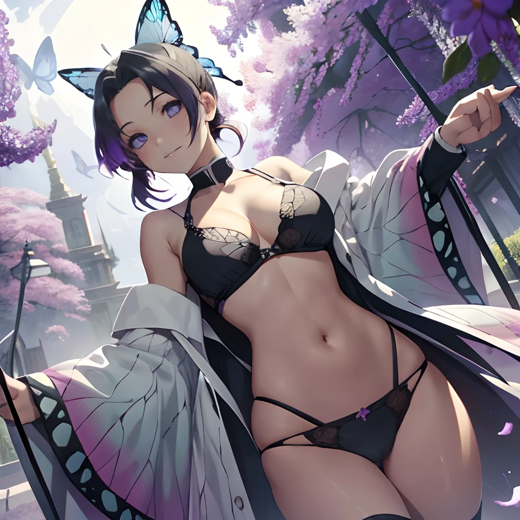 Ultra-realistic 8kCG,tmasterpiece,((hyper detailed background,delicate patterns,intricate-detail)),best qualtiy,extremely detailed man,extremely detailed eye and face,extremely detailed eye,kochou shinobu,O cabelo multicolorido,No bangs,Hair intake,Black eye,Cap,Black shirt,Black panties,(The bikini),butterflys,Strip Strip,(Trepical Garden:1.2),purple flower,Mostly cloudy sky,rays of sunshine,Tyndall effect,gradient_Heaven,faces,Beautiful sky,Saber on the waist,enchanting posture,(large full breasts:1.3),(cleaveage:1.3),(Off-the-shoulder costumes:1.5),ssmile, Appearance from behind, butt sticks out