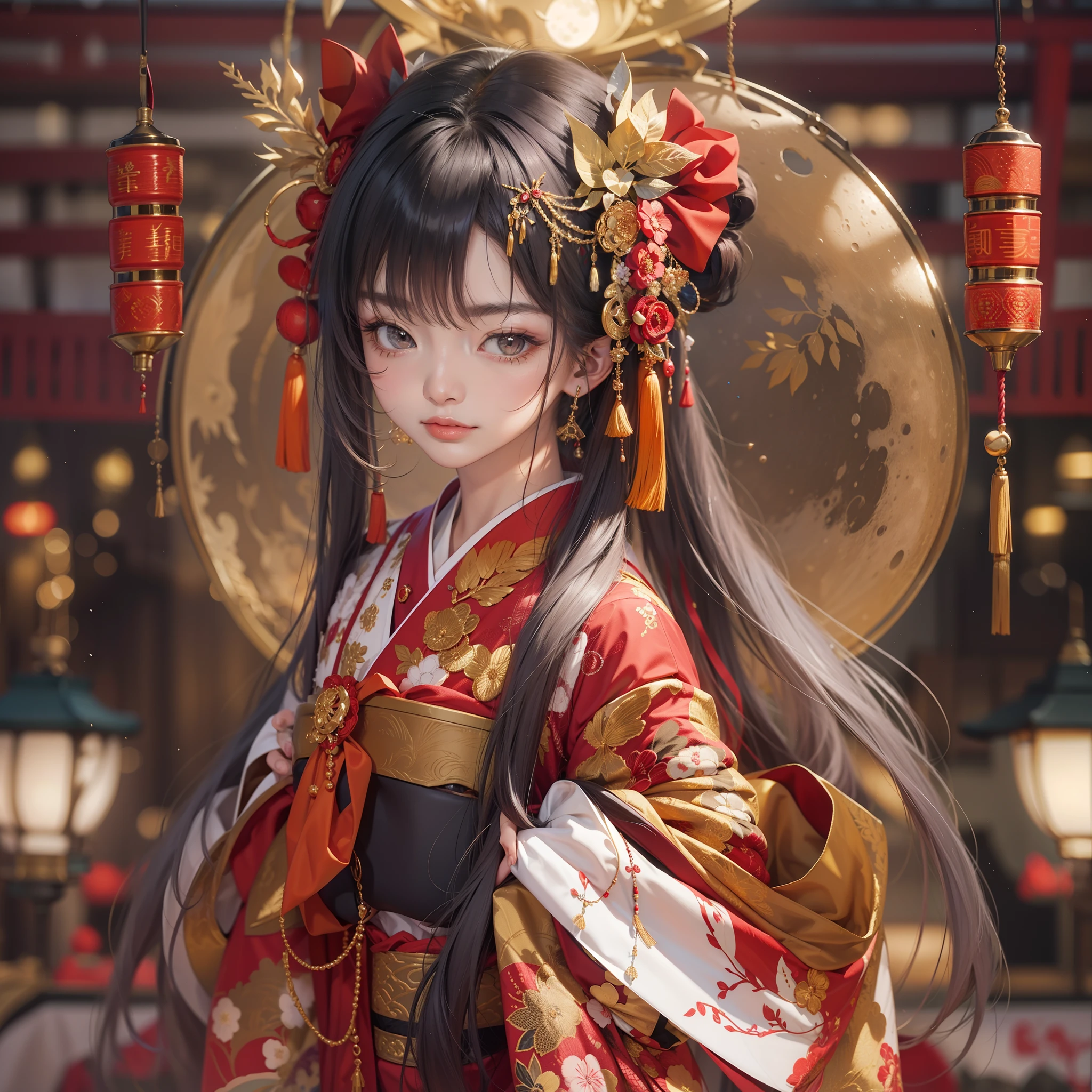 Detailed background((a moon:1.5),Desolate city)、BREAK,elaborate costume{Luxury kimono(Dark red kimono(Detailed golden embroidery,))}、(Japanese Idol(actress):1.2)(face perfect:1.2),Depicting a beautiful and classy adult woman。glossy dark hair,poneyTail,Heart in the eye。 Wallpapers 16K, .Blur the background with a sickle,((masutepiece)), ((Best Quality)),{{a portrait photo of}},full body Esbian、Faraway view,Like a corporate logo