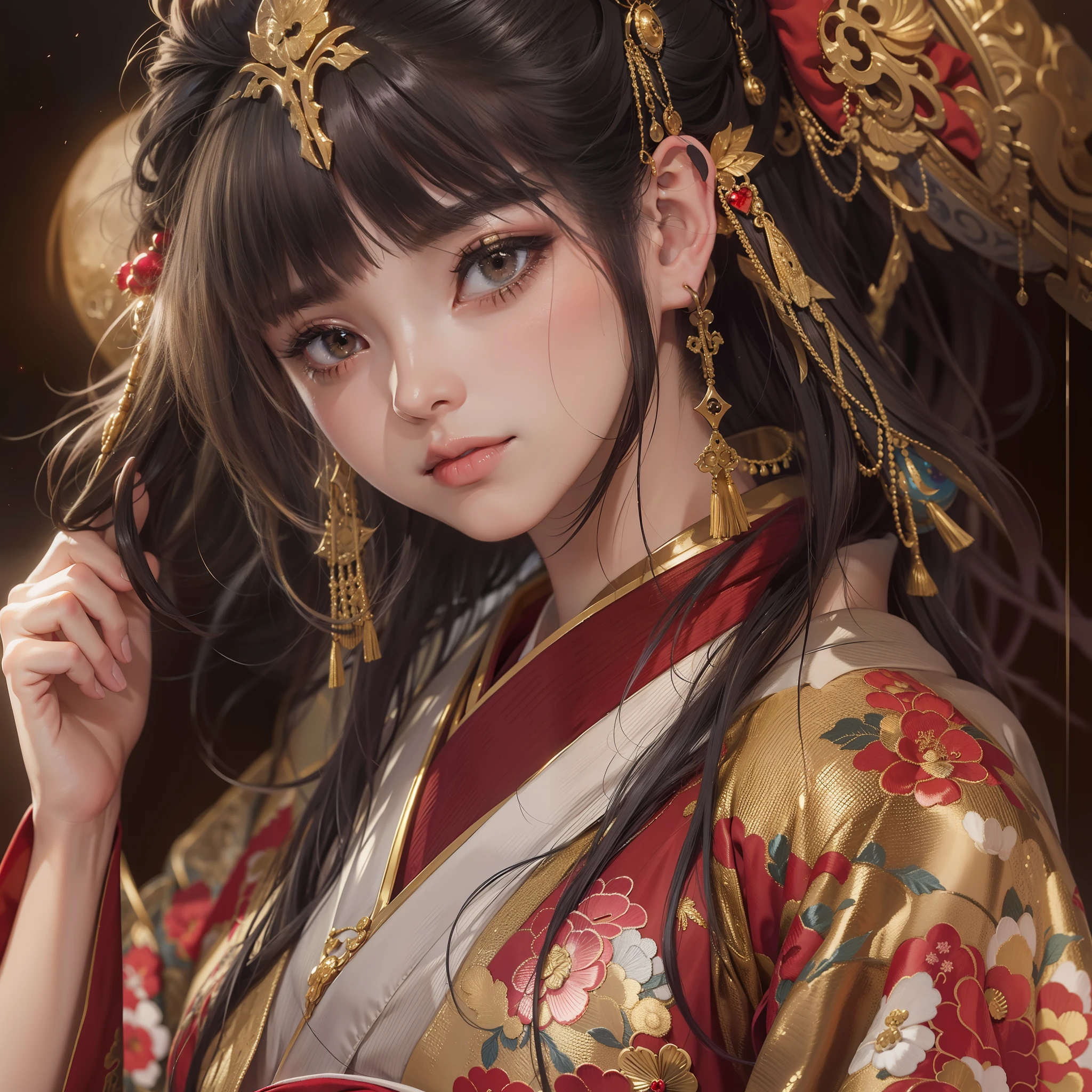 Detailed background((a moon：1.5),Desolate city)、BREAK,elaborate costume{Luxury kimono(Dark red kimono(Detailed golden embroidery,))}、(Japanese Idol(actress):1.2)(face perfect:1.2),Depicting a beautiful and classy adult woman。glossy dark hair,poneyTail,Heart in the eye。 Wallpapers 16K, .Blur the background with a sickle,((masutepiece)), ((Best Quality)),{{a portrait photo of}},full body Esbian、Faraway view,Like a corporate logo
