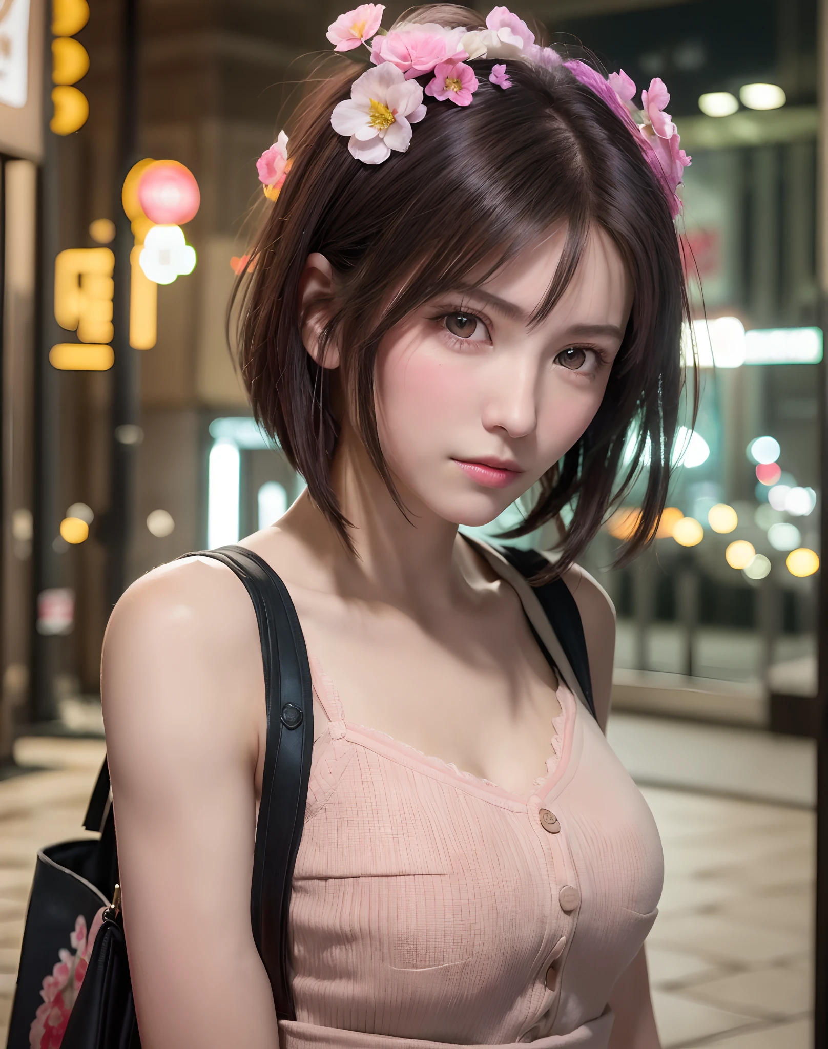 (​masterpiece: 1.3), (8K, Photorealista, Photo RAW, top-quality: 1.4), Esbian, Walking the streets of Tokyo,  (1girl in), gorgeous faces, (Lifelike face), (A dark-haired, short-haired: 1.3), Gorgeous hairstyle, realisticeyes, beautiful finely detailed eyes, (Peter Lilith...