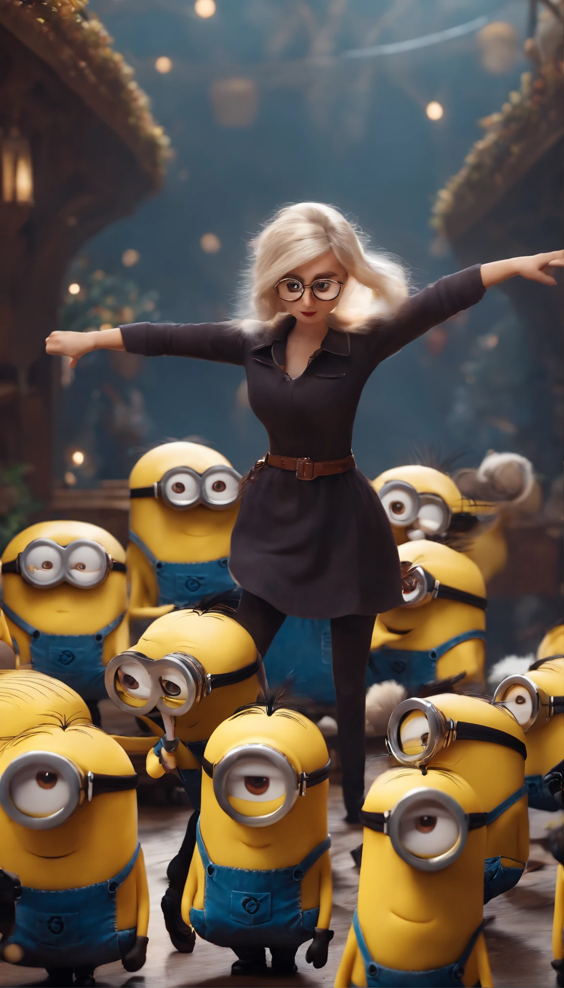 Minions dance with a girl anime stye, The head minion has a lovely white beard [whimsical,fun,playful],happy,minimalist colors,soft lighting,( best quality,4k,8k,highres)