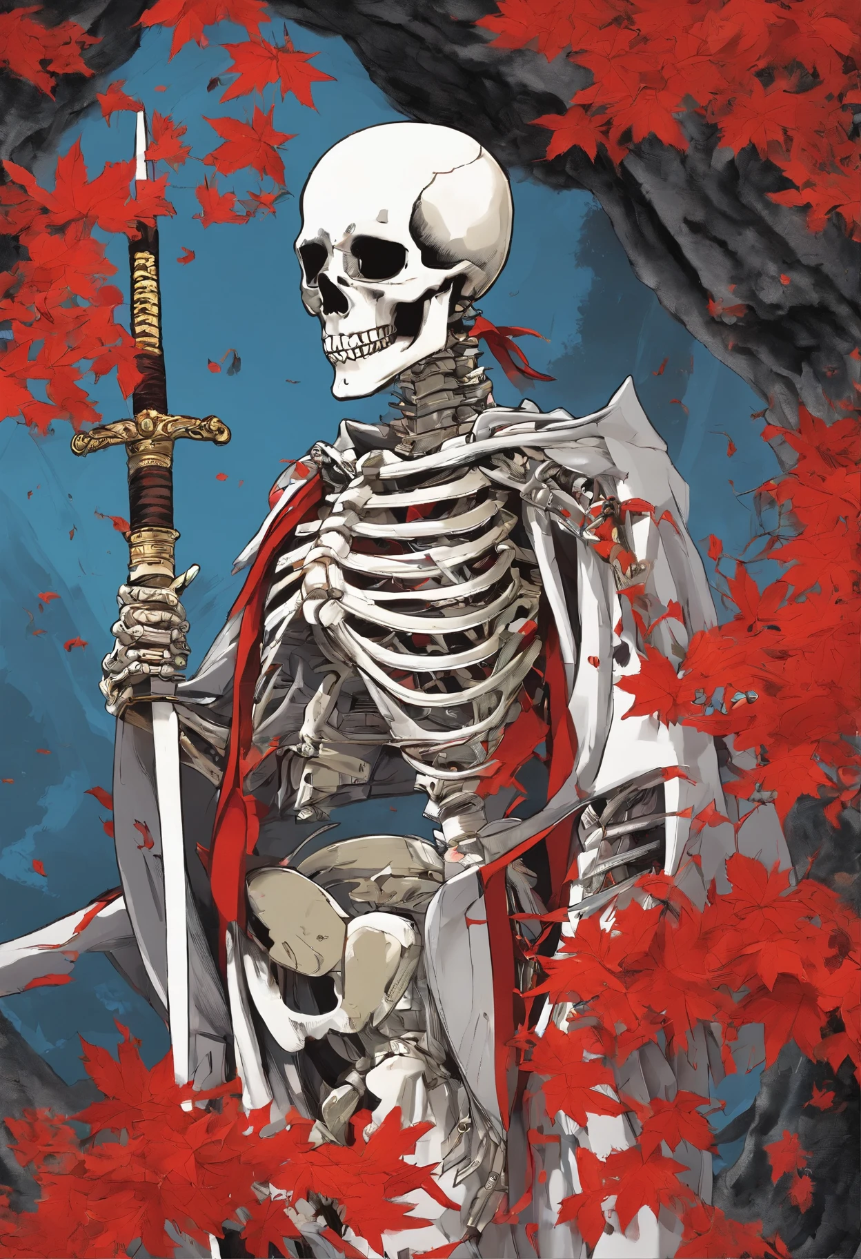 Manga Storyboard: 1.8, Manga Layout,(8K, 16 K, awardwinning, Highest Quality, High resolution, Super Detail,), Highly detailed 4K resolution digital artwork, (Skeleton Swordsman: 1.3), Samurai,Kimono、Hakama's lighting is dynamic, Complex details highlighted, Splash art with triad colors and deep tones, Storybook style, Warriors have no hair, The best camera models and lenses, Japanese Katana Sword, A large tree with autumn leaves, red leaves, Return blood, Overwhelming beauty, A bundle of swords stuck in the ground, Symbol of strength. accurate anatomy, (isolation: 1.1), (Reflected Light: 1.2), glass, super detailed, Convoluted, oil on canevas, Dry brush, detail Enhanced, Dynamic Poses、dynamic compositions、Detailed finger、Detailed hand、A detailed face、32K , hyper HD, Comic Panel Layout, Voice bubbles, english text, Hand-drawn audio stickers used in cartoons, Spoke Heart, Read the ellipsis, Spoke question mark, Read an exclamation point, Read notes aloud, Otherworldly, 1990s style ), Effect Lines