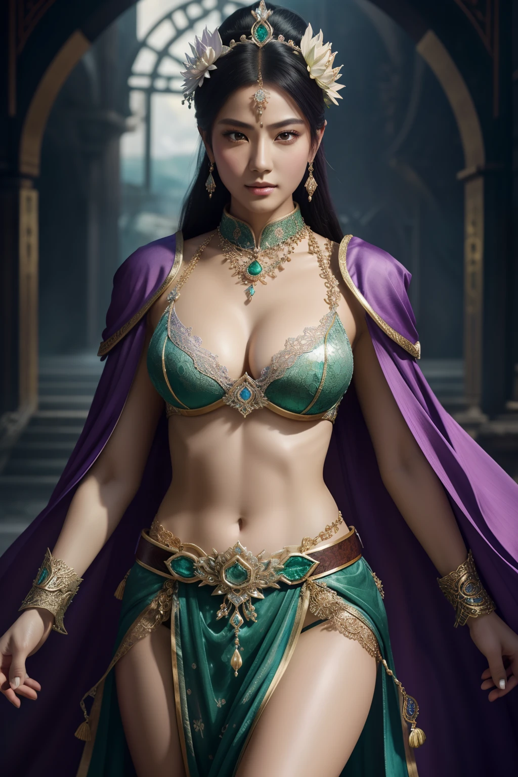 unreal engine:1.4,UHD,Best quality:1.4, photorealistic:1.4, skin texture:1.4, masterpiece:1.8, Miraculous:A woman wears sexy transparent platinum low-cut lace sexy topless armor,huge breast, big butt, sexy body,Close-up of holding a lotus flower in his hand, Head ornament, Violet necklace, Emerald belt , Toned abs, a beautiful fantasy empress, ((a beautiful fantasy empress)), Beautiful celestial image, Beautiful character painting, full-body xianxia, Portrait Chevaliers du Zodiaque Fille, by Yang J, G Liulian art style, Fantasy art style, foreshortening