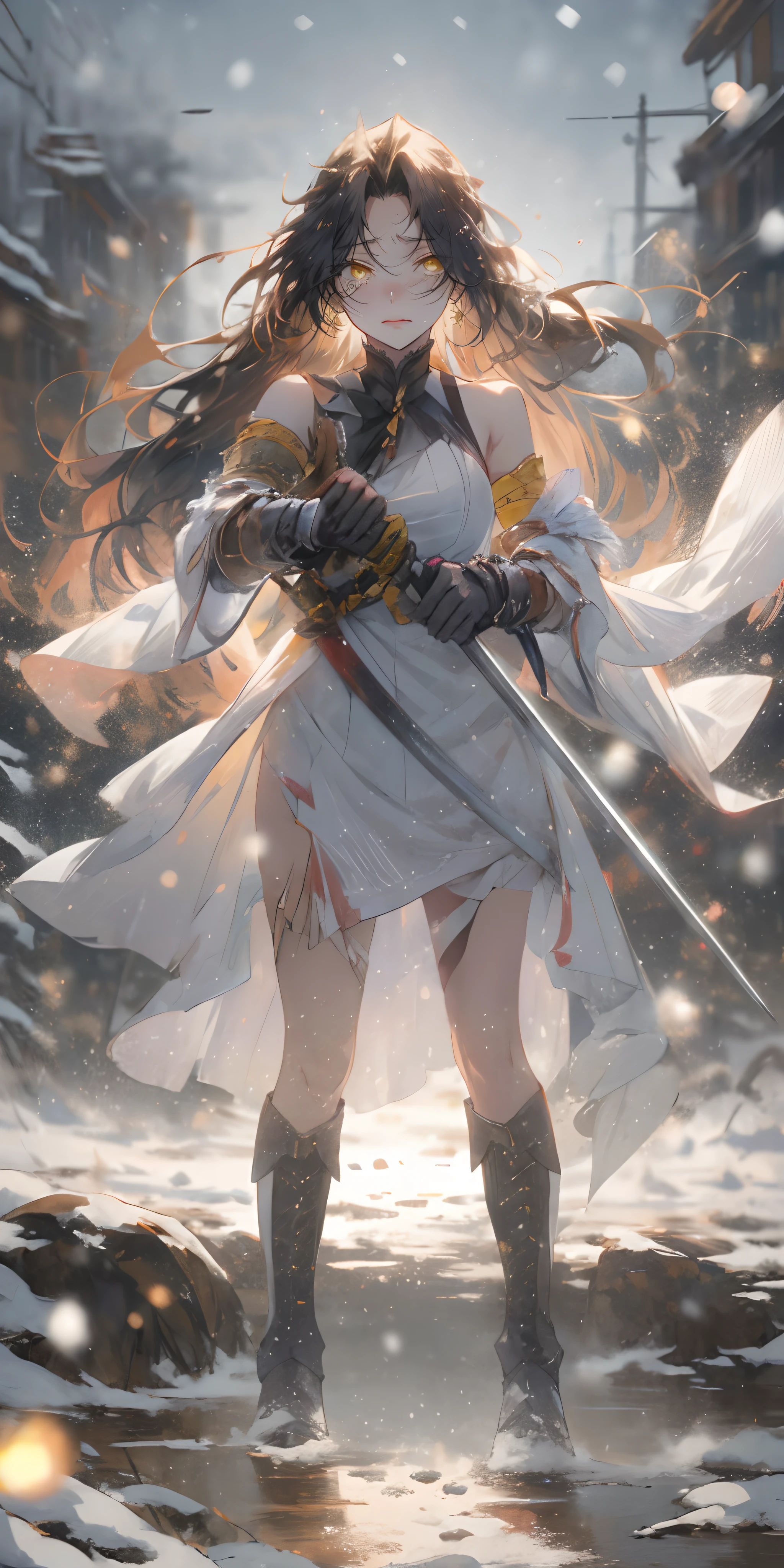 (black hair, long hair:1.4), forehead, yellow eyes, 1girl, solo, dress, floating_hair, standing, breasts, katana, boots, looking_at_viewer, holding_katana, white_dress, medium_breasts, snowing, short_dress, gloves, armor, sword, sleeveless_dress