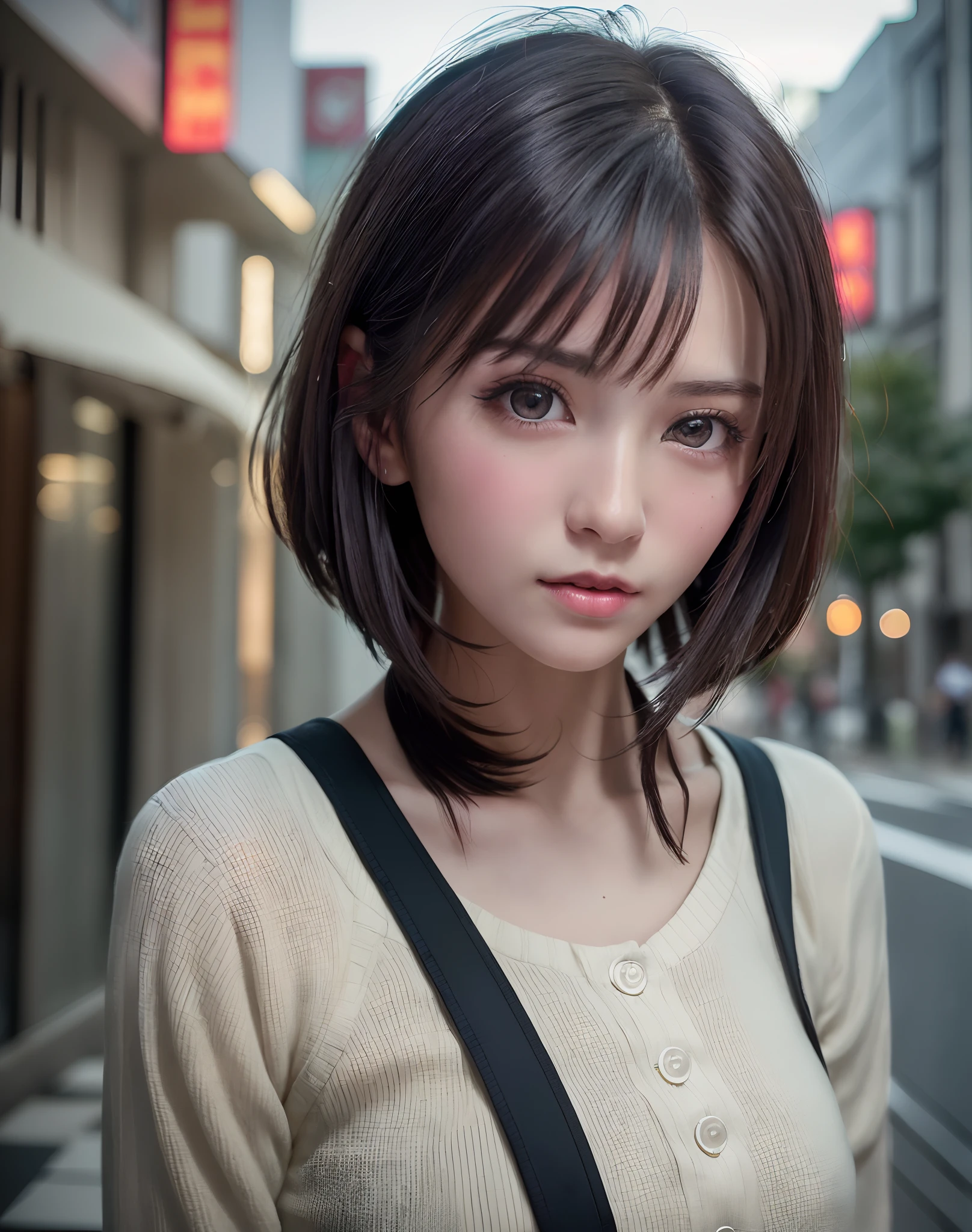 (masterpiece: 1.3), (8K, Photorealista, Photo RAW, top-quality: 1.4), Esbian, Walking the streets of Tokyo, (1girl in), gorgeous faces, (Lifelike face), (A dark-haired, short-haired: 1.3), Gorgeous hairstyle, realisticeyes, beautiful finely detailed eyes, (Peter Lilith...