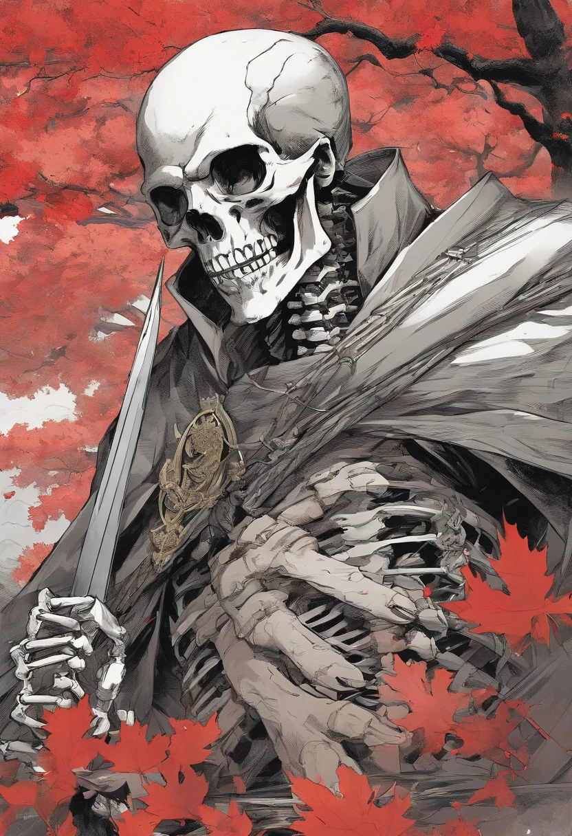 Manga Storyboard: 1.8, Manga Layout,(8K, 16 K, awardwinning, Highest Quality, High resolution, Super Detail,), Highly detailed 4K resolution digital artwork, (Skeleton Swordsman: 1.3), Samurai,Kimono、Hakama's lighting is dynamic, Intricate details are highlighted, Splash art with triad colors and deep tones, Storybook style, Warriors have no hair, The best camera models and lenses, Japanese Katana Sword, A large tree with autumn leaves, red leaves, Return blood, Overwhelming beauty, A bundle of swords stuck in the ground, Symbol of strength. accurate anatomy, (isolation: 1.1), (Reflected Light: 1.2), glass, super detailed, Convoluted, oil on canevas, Dry brush, detail Enhanced, Dynamic Poses、dynamic compositions、Detailed finger、Detailed hand、A detailed face、32K , hyper HD, Comic Panel Layout, Voice bubbles, english text, Hand-drawn audio stickers used in cartoons, Spoke Heart, Read the ellipsis, Spoke question mark, Read an exclamation point, Read notes aloud, Otherworldly, 1990s style ), Effect Lines