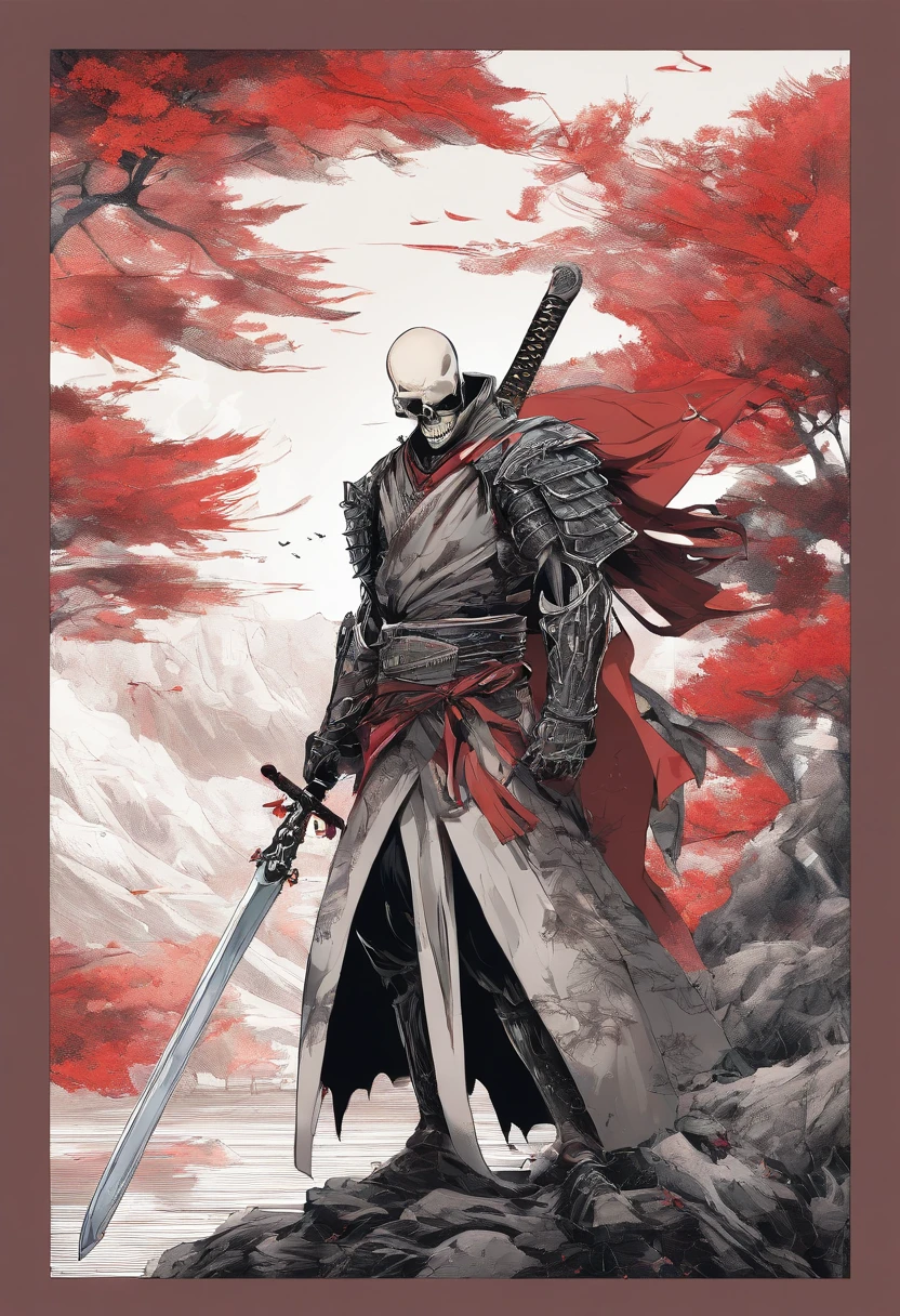 Manga Storyboard: 1.8, Manga Layout,(8K, 16 K, awardwinning, Highest Quality, High resolution, Super Detail,), Highly detailed 4K resolution digital artwork, (Skeleton Swordsman: 1.3), Samurai,Kimono、Hakama's lighting is dynamic, Intricate details are highlighted, Splash art with triad colors and deep tones, Storybook style, Warriors have no hair, The best camera models and lenses, Japanese Katana Sword, A large tree with autumn leaves, red leaves, Return blood, Overwhelming beauty, A bundle of swords stuck in the ground, Symbol of strength. accurate anatomy, (isolation: 1.1), (Reflected Light: 1.2), glass, super detailed, Convoluted, oil on canevas, Dry brush, detail Enhanced, Dynamic Poses、dynamic compositions、Detailed finger、Detailed hand、A detailed face、32K , hyper HD, Comic Panel Layout, Voice bubbles, english text, Hand-drawn audio stickers used in cartoons, Spoke Heart, Read the ellipsis, Spoke question mark, Read an exclamation point, Read notes aloud, Otherworldly, 1990s style ), Effect Lines