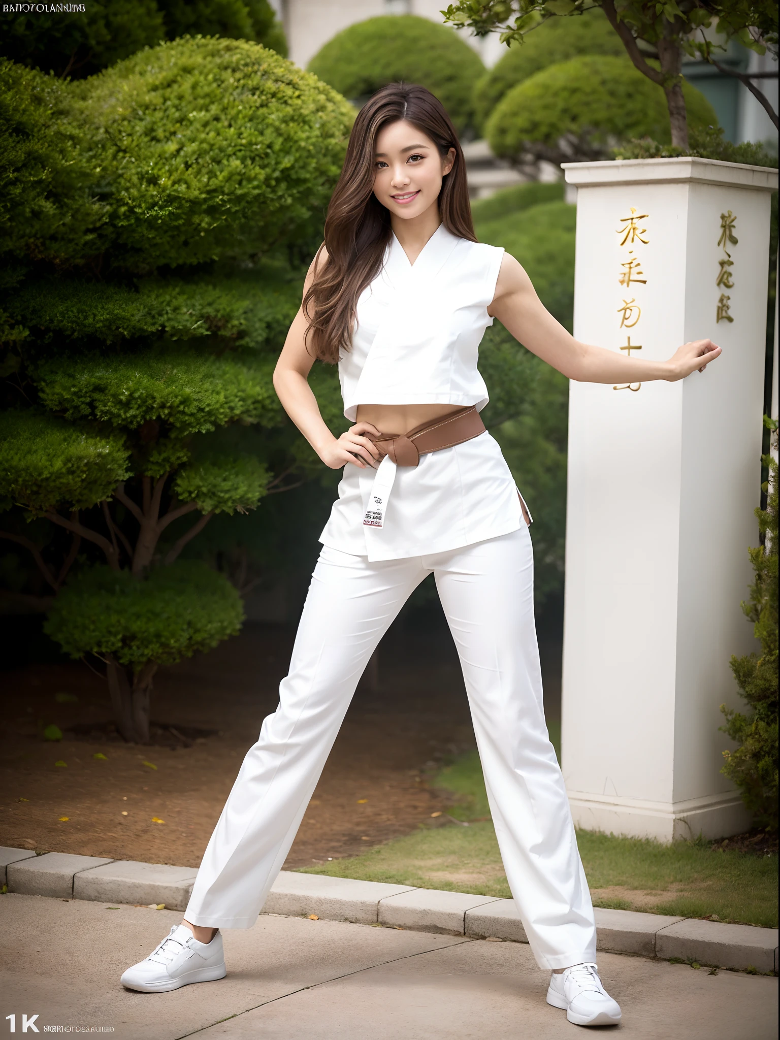 (Photorealsitic)Beautuful Women, (8K Beauty Full Body Portrait), Stand alone, 17 age, Perfect facial detail, attractive beautiful face, 二重まぶた, Beautiful detailed eyes, long eyeslashes, (Smile: 1.15), ligh brown hair, Hair that does not fall on the shoulders, TOKYOcty,1 female, Toned waist, Beautiful thin legs, toned ankles, bare-legged , White Karate Uniform, White karate pants