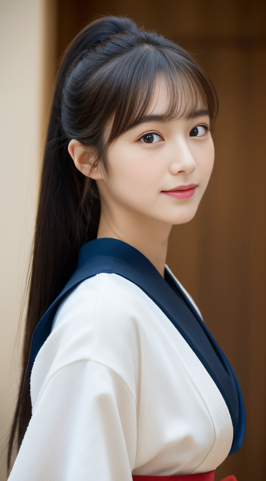 (((32k,high detal,high-detail、masterpiece,Attention to detail,full body Esbian,独奏))),Raw photo & realistic atmosphere,beautiful dark blue eyes,Detailed mouth,Glossy lips,Detailed eyebrows,Eyes drawn in detail with soft white skin that shines with every detail、Very beautiful eyes with azure eyes,Detailed lips、Very beautiful face,Very well-formed face、Lifelike face,shiny beautiful lips,Beautiful eyebrows,Infinite reality, Realistic Young Gravure Idol,Very cute high school girl, , Young Sensual Gravure Idol, Young Gravure Idol, extremely beautiful and cute17 year old schoolgirl,with a flushed face,Incredibly beautiful and classy17 year old beautiful girl,natural soft light,(Black shiny hair,,bare-legged,Kendo kimono and hakama,Beautiful kind eyes:1.5),(youthfulness,Wearing kendo armor,Beautiful smooth legs,Exposed thighs,Thighs protruding from hakama,Gentle smile,well-shaped breasts,,Immature body,Japan Kendo Kimono,Kendo Match,Japanese style semi-long ponytail hair,Bunch your hair high and tie it into one,Beautiful posture,posterior view,facing back,no-makeup,woman samurai,woman swordsman:1.6)
