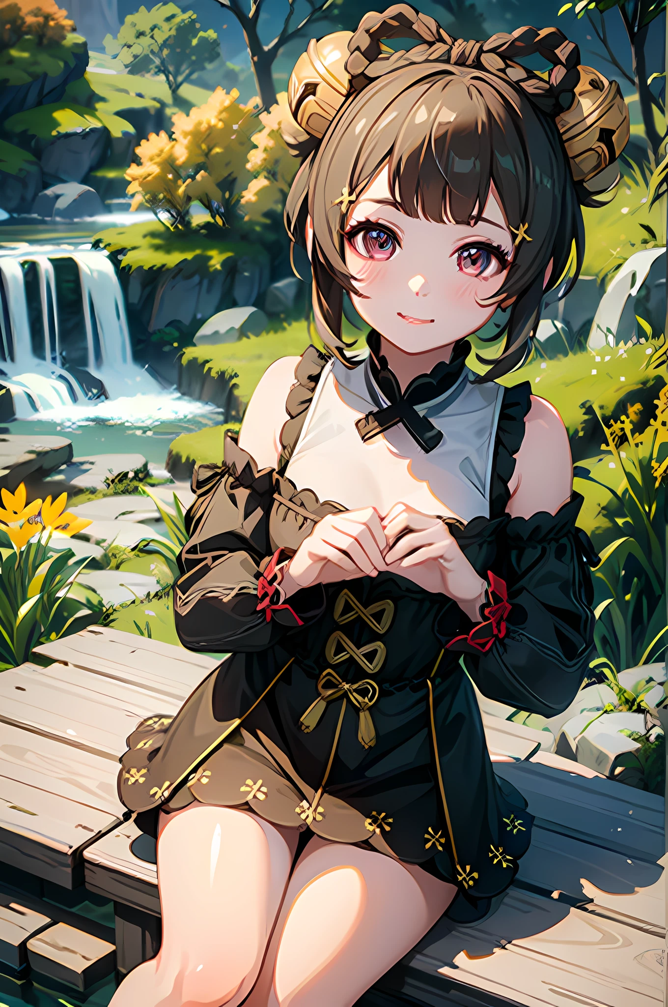 1girl,short hair,pony tail,chibi,cute face,happy,smile,blush,beautiful pose,perfectly detailed eyes,wistful expression,forest background,full body shot,best quality,masterpiece:1.2,high resolution,looking directly at viewer,realistic,soft natural lighting