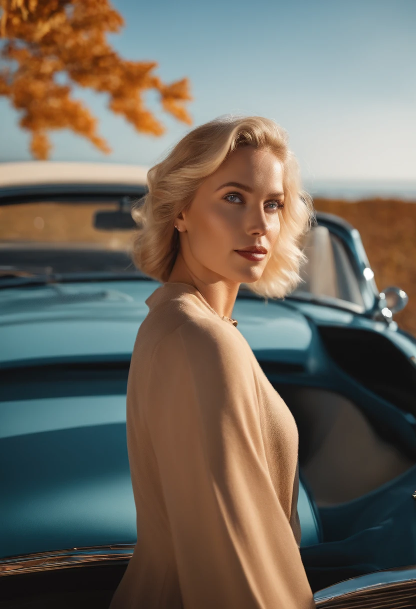 blonde woman,autumn , retro car and sea in the background, sunny day, half body shot, high quality photo