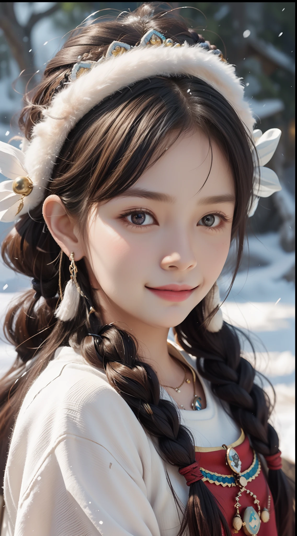 A girl, long braids, Tibetan girl, close-up, slightly raised head, smile, bust photo, upper body, Tibetan clothing, clothes with fluff, white flut, high-end Tibetan clothing, cumbersome Tibetan clothing design, cold clothing, winter clothing, appearance Yang transcendence, round face shape, gorgeous Tibetan clothing, cumbersome Tibetan necklace, cumbersome Tibetan headdress, live-action CG, sweet style, film style, HD 4K, photography effects, studio effects, white halo, mythological wind, snowfield background, character core, Picture ratio 16:9,