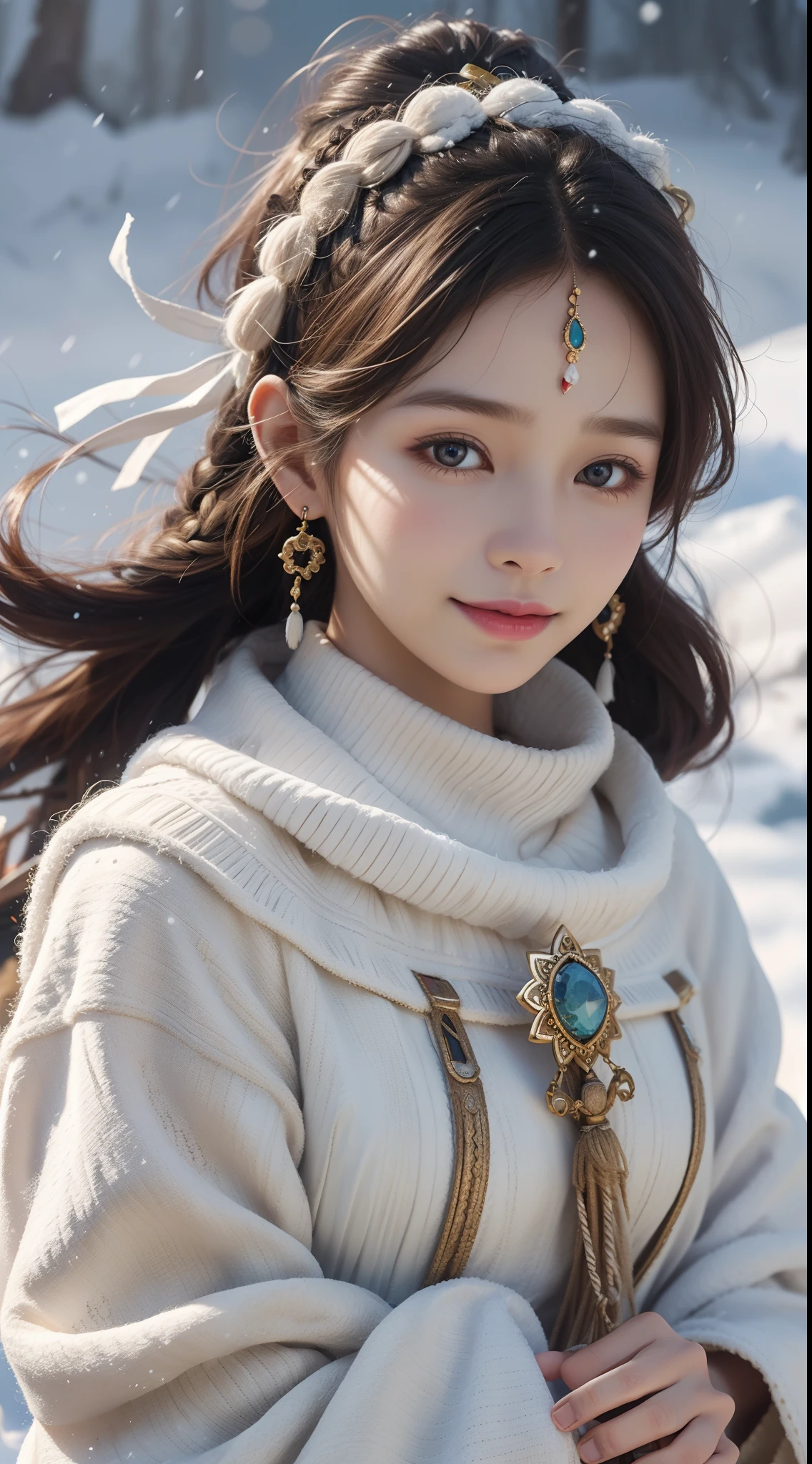 A girl, long braids, Tibetan girl, close-up, slightly raised head, smile, bust photo, upper body, Tibetan clothing, clothes with fluff, white flut, high-end Tibetan clothing, cumbersome Tibetan clothing design, cold clothing, winter clothing, appearance Yang transcendence, round face shape, gorgeous Tibetan clothing, cumbersome Tibetan necklace, cumbersome Tibetan headdress, live-action CG, sweet style, film style, HD 4K, photography effects, studio effects, white halo, mythological wind, snowfield background, character core, Picture ratio 16:9,