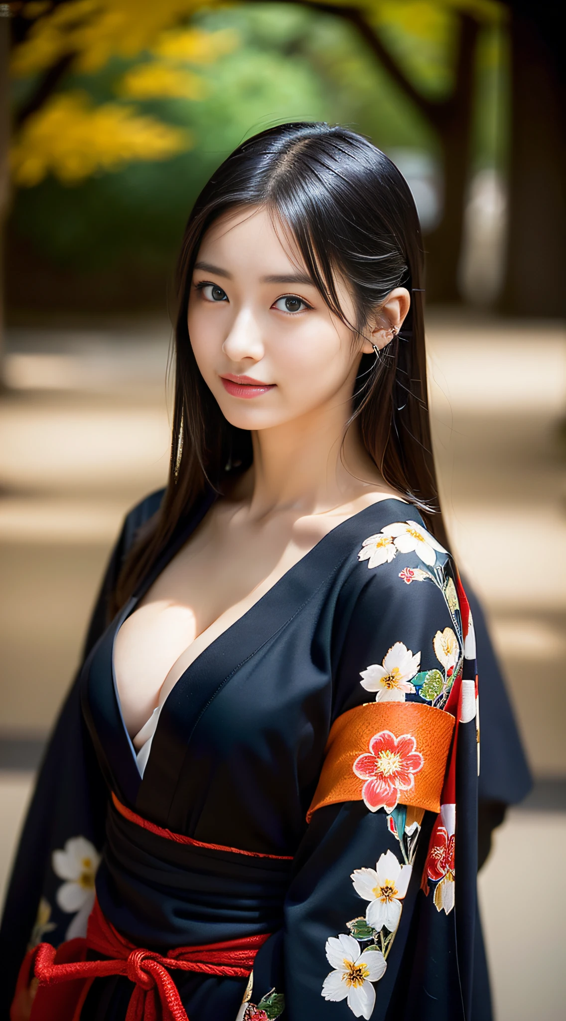 (((32k,high detal,high-detail、masterpiece,Attention to detail,full body Esbian,独奏))),Raw photo & realistic atmosphere,beautiful dark blue eyes,Detailed mouth,Glossy lips,Detailed eyebrows,Eyes drawn in detail with soft white skin that shines with every detail、Very beautiful eyes with azure eyes,Detailed lips、Very beautiful face,Very well-formed face、Lifelike face,shiny beautiful lips,Beautiful eyebrows,Infinite reality, Realistic Young Gravure Idol,Very cute high school girl, , Young Sensual Gravure Idol, Young Gravure Idol, extremely beautiful and cute17-year-old pointed samurai beautiful girl,with a flushed face,Incredibly beautiful and classy17 year old beautiful girl,natural soft light,(Black shiny hair,,bare-legged,Samurai kimono and black hakama,Beautiful kind eyes:1.5),(youthfulness,Heavy wear,Return to bare neck,Gentle smile,well-shaped breasts,,Immature body,japanese samurai,Japanese-style black floral kimono based on red and black,Japanese style medium hair,Hang your hair high and tie it into one,Beautiful posture,crouching down,no-makeup,woman samurai,woman swordsman,Influence of Shinsengumi,Looking into the distance,Japanese pattern haori,Lots of Japanese-style hair ornaments,cleavage of the breast,Black Hakama:1.6)