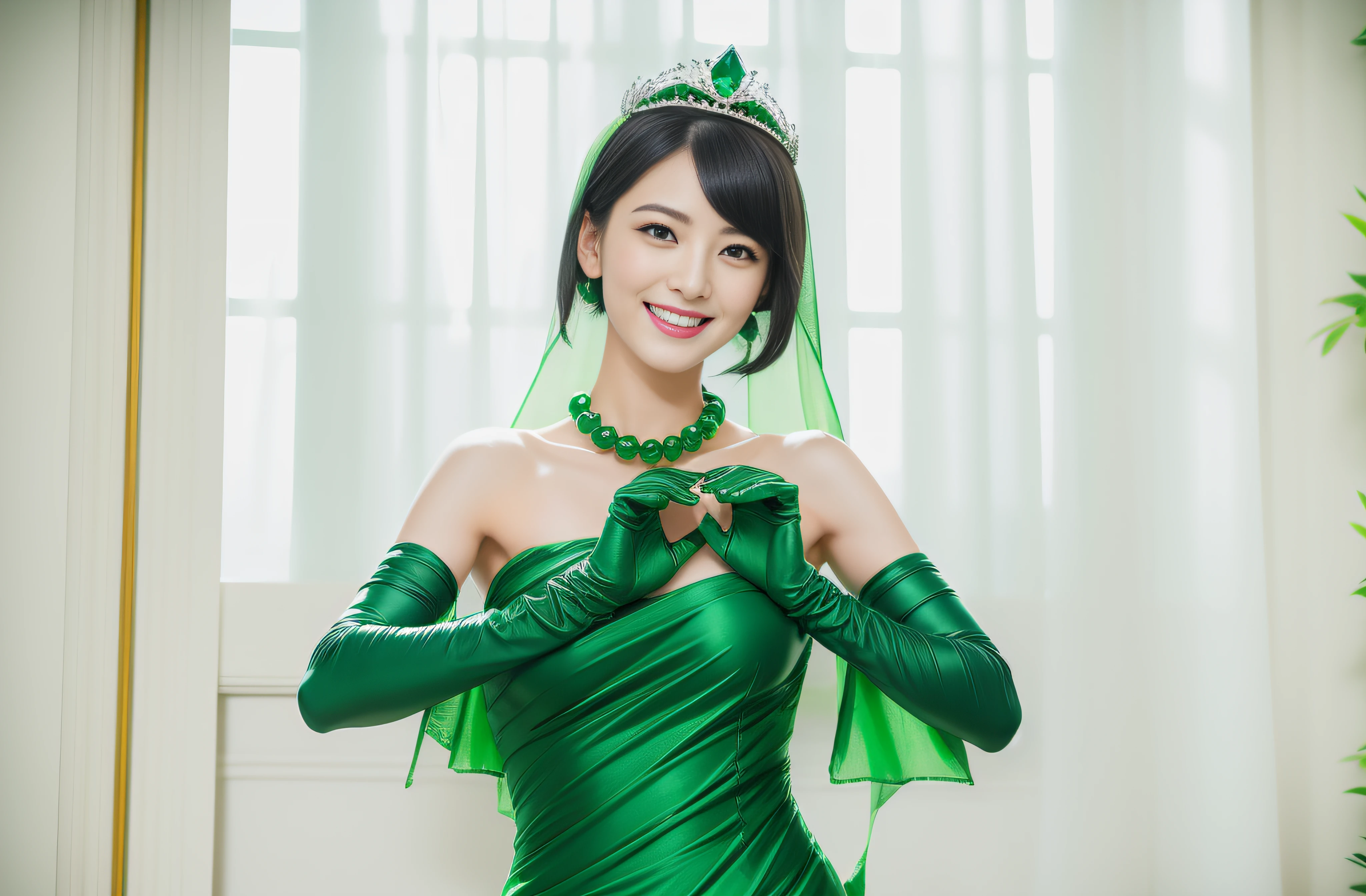 Boyish very short black hair, lipsticks, Japan woman smiling, Green Long Grove,　Emerald Tia boyish very short black hair, lipsticks, Japan woman smiling, Satin green long gloves,　emerald tiara, Green Pearl Necklace, verd s eyes, Green eyes, Long green gloves made of satin material, big breasts beautiful, Green Bridal Veil