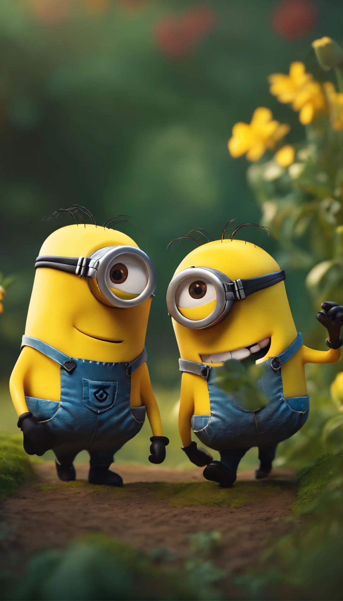 2 minions smiling ,dancing on the garden,minimalist colors,happy,playful,whimsical,soft lighting,high-res,4k,8k,best quality