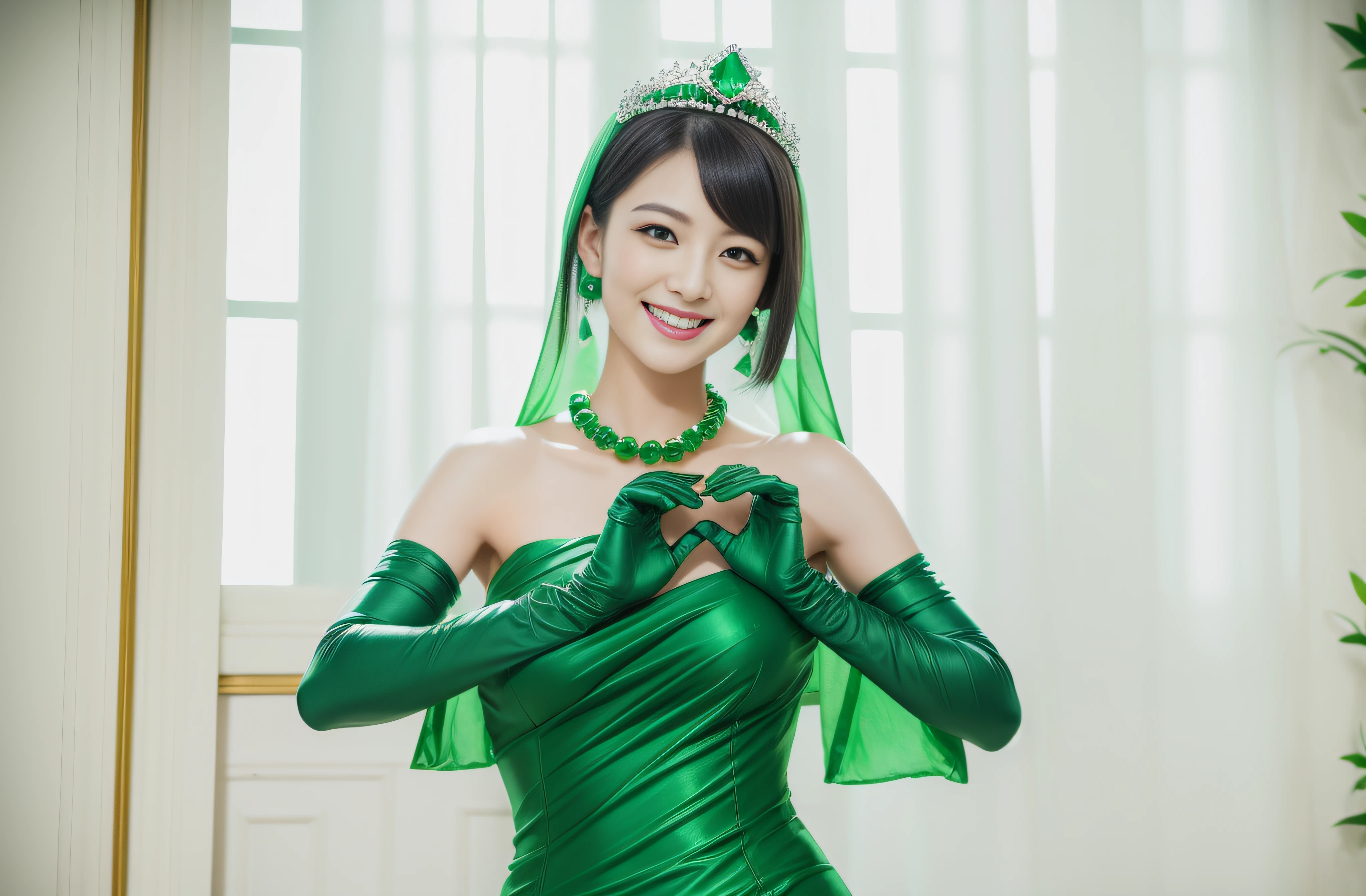 Boyish very short black hair, lipsticks, Japan woman smiling, Green Long Grove, Emerald Tia boyish very short black hair, lipsticks, Japan woman smiling, Satin green long gloves, emerald tiara, Green Pearl Necklace, verd s eyes, Green eyes, Long green gloves made of satin material, big breasts beautiful, Green Bridal Veil