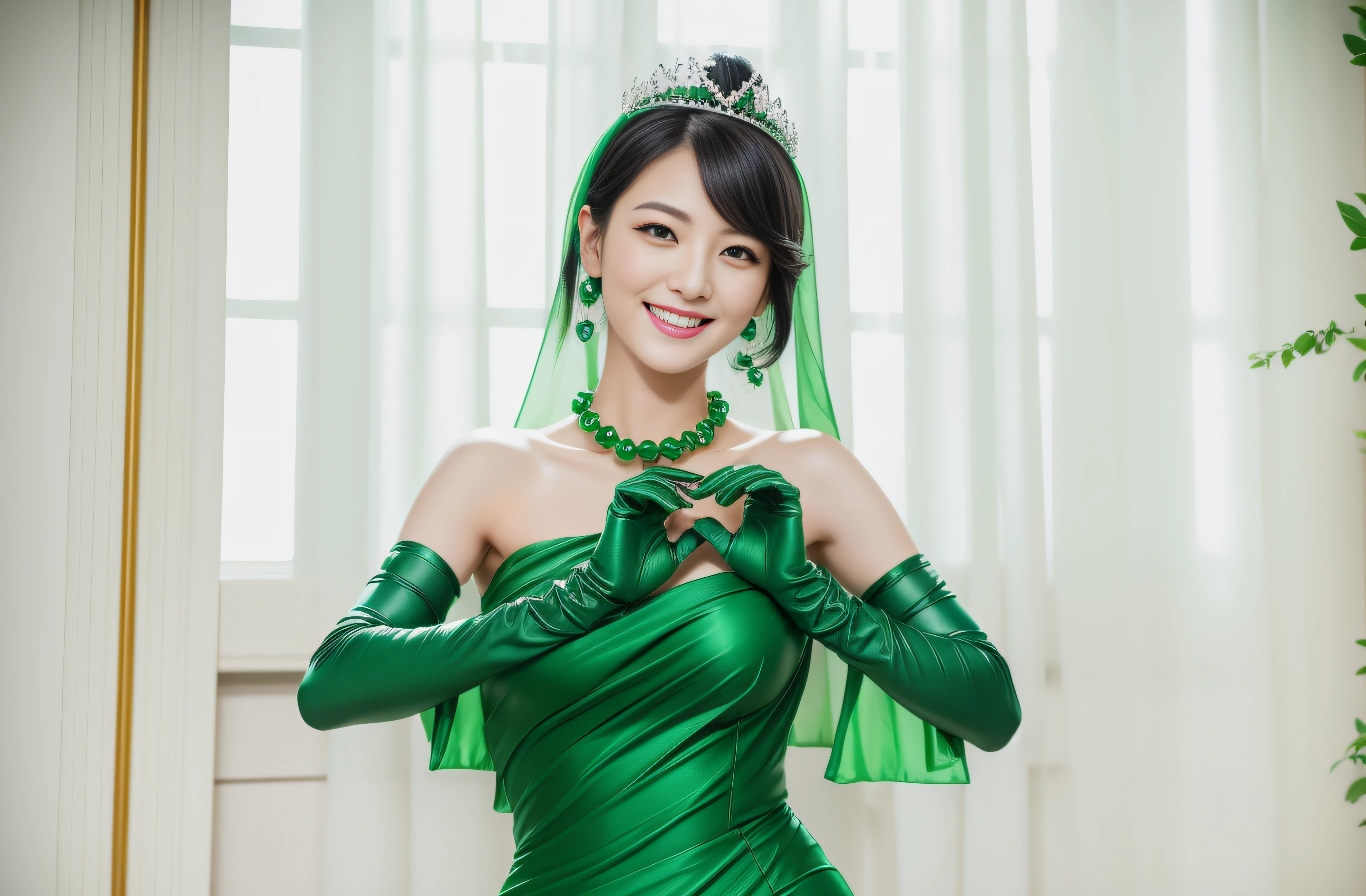 Boyish very short black hair, lipsticks, Japan woman smiling, Green Long Grove,　Emerald Tia boyish very short black hair, lipsticks, Japan woman smiling, Satin green long gloves,　emerald tiara, Green Pearl Necklace, verd s eyes, Green eyes, Long green gloves made of satin material, big breasts beautiful, Green Bridal Veil
