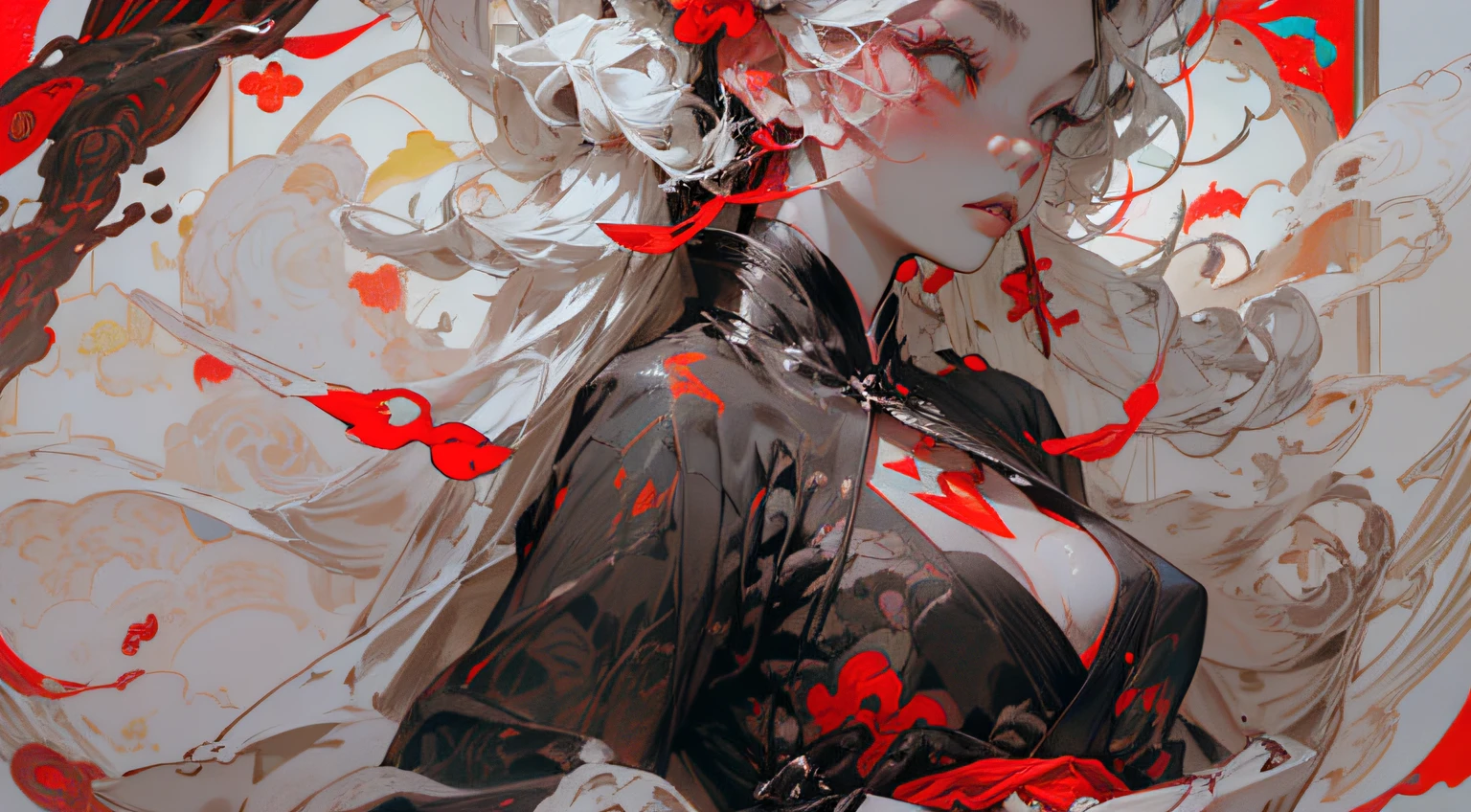 Barefoot woman(30-years old) , (fair white skin:1.7)、 (long white hair)、(Wearing a suit:1.0)、(Colorful stained glass background:1.7)、(White smoke)、(abnormally large breasts)、(Red smoke around the body:1.7)、Bare shoulders, Double eyelids, (Crimson eyes)、Parted lips,Solo,(cleavage)、delicate and sexy(鎖骨:1.3), (Shiny skin:0.8),(masutepiece:1.4),(Best Quality:1.4),glossy red lips, Wet(full of sweat)、low angles, (from below angle), High detailed skin, Skin pores,(Katsushika Hokusai-style background) flat colors, yellow background, anatomically correct