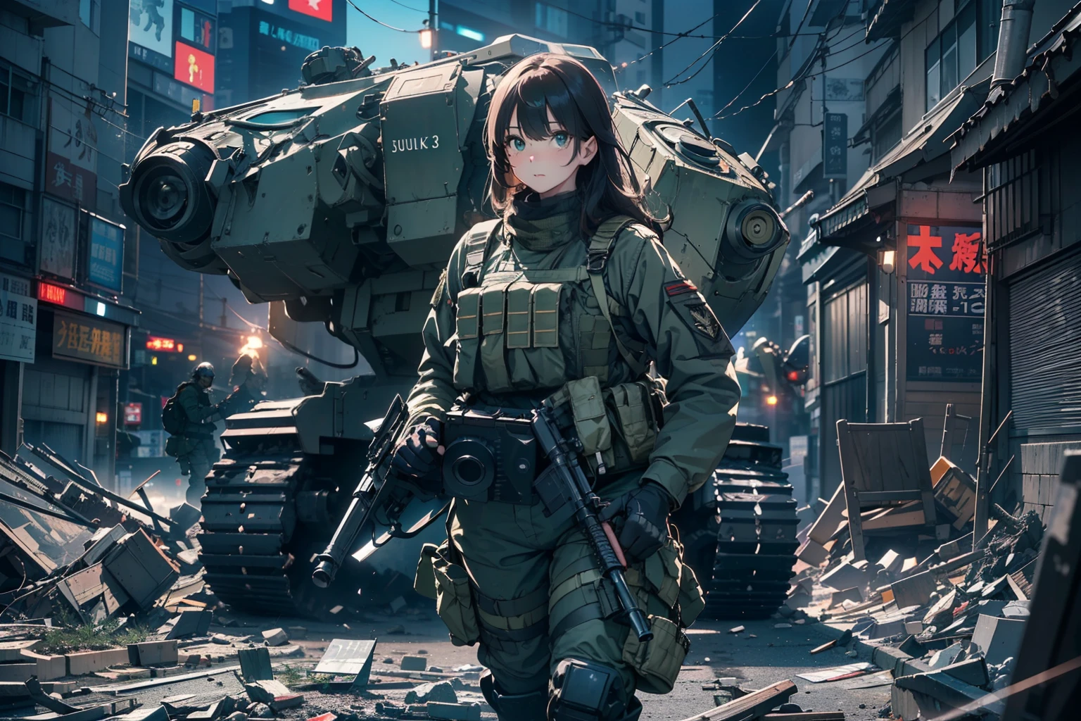 (One female soldier escapes from a broken giant military robot)、long eyelasher,Blushlush,((masterpiece、top-quality、extremely details CG、16 K、Cinematographic lighting、lensflare))、(Black combat uniform)、Wide View、thick body、 Photorealsitic:1.4、long Brond Hair、green colored eyes、Have multiple weapons、Precision 1.Aim 4、Lahti L-39 anti-tank gun、direct light、Shooting rubble with a depth of field of 35 mm、Night footage、((Shinjuku at night where special forces fight))、(Sniping with anti-tank rifles)、Hyper Detailed、The wreckage of a giant robot、(wide-angle lens)、What I see