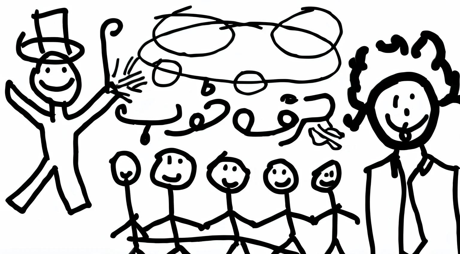 a drawing of a group of people with a man holding a microphone, badly drawn, classroom doodle, stick figures, based on child's drawing, stick figure, childrens drawing, hand drawn cartoon, childs drawing, simple cartoon, drawn in microsoft paint, doodles, scribble art, doodle hand drawn, one line art, weird scribbles, a child's drawing