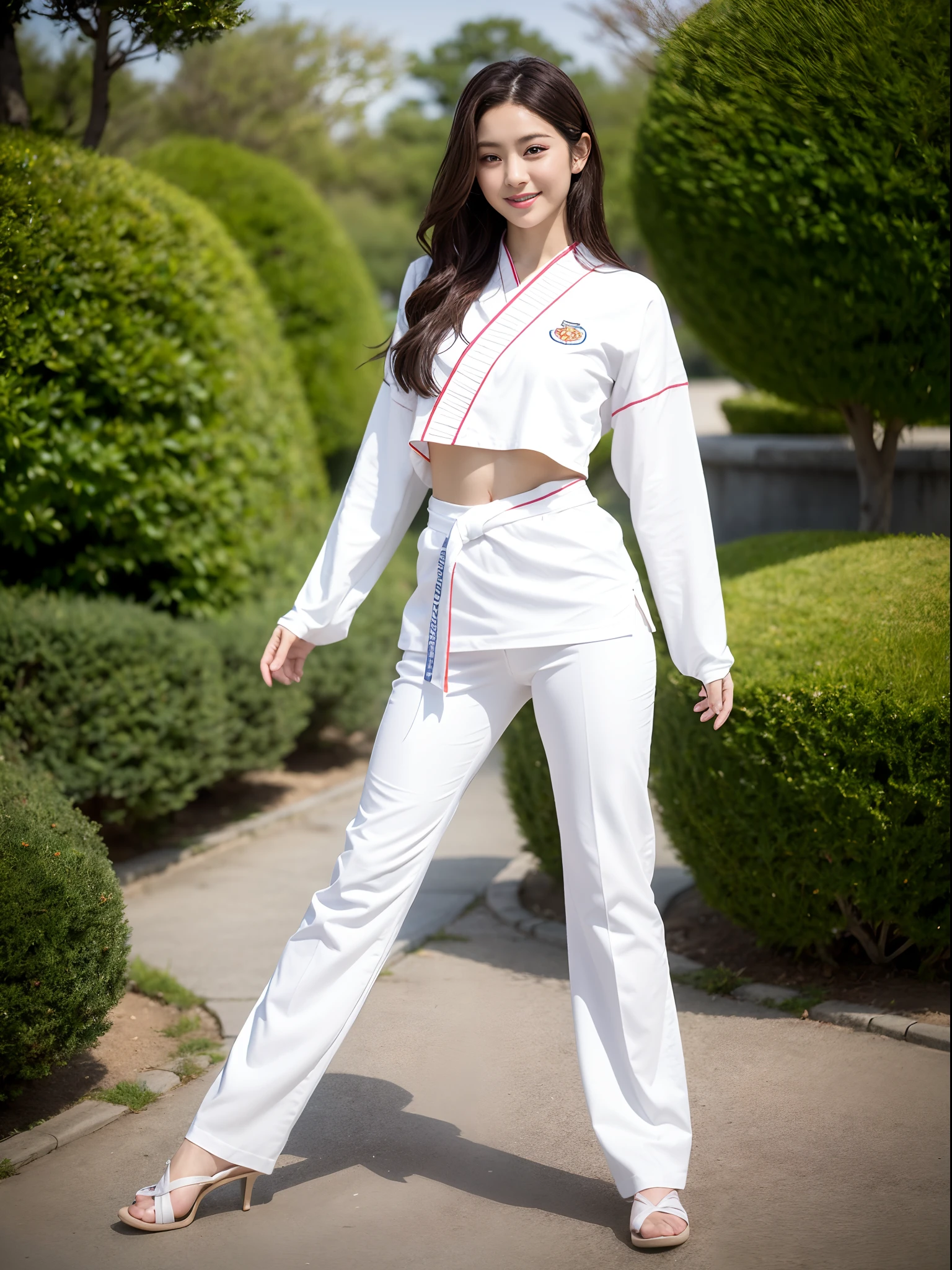(Photorealsitic)Beautuful Women, (8K Beauty Full Body Portrait), Stand alone, 17 age, Perfect facial detail, attractive beautiful face, 二重まぶた, Beautiful detailed eyes, long eyeslashes, (Smile: 1.15), ligh brown hair, Hair that does not fall on the shoulders, TOKYOcty,1 female, Toned waist, Beautiful thin legs, toned ankles, bare-legged , White Karate Uniform, White karate pants