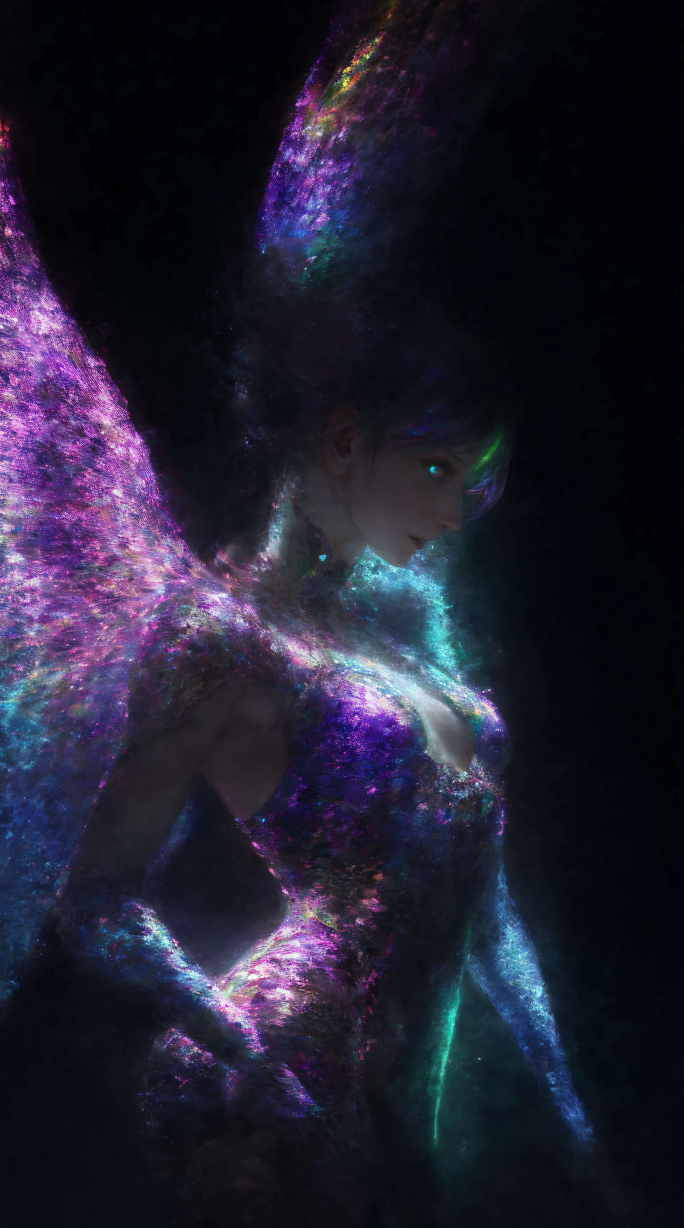 （Solo:1.4）（small breasts:1.4）（Full body photo:1.4）(((Masterpiece))), (((Best quality))), ((Ultra-detailed)),(Highly detailed CG illustration), ((An extremely delicate and beautiful)),Cinematic light, Create stunning fantasy artwork，Imitate the style of the genre masters of the day. The work should contain elements of mythological fantasy and fairy tale fantasy，And with a fantastic rainbow accent. ((Use the rainbow as the primary color scheme.)) The character in the work is a delicate but strong petite character，Has an aura of mystery and magic， (Beautiful translucent rainbow wings). Pay close attention to intricate facial features, For example, mesmerizing eyes，Bright colors and bold shadows. The character's clothes should be designed with gossamer feathers, Silk, Amazing embroidery, and subtle iridescent details. merging (((Translucent rainbow))), Dreamy colors, Dynamic lighting, and detailed background elements，Create a sense of awe and immersion. These include colorful flying magic birds and jewel-colored rainbow butterflies that emit magical halos. Consider the latest trends in fantasy art, such as incorporating unique lighting effects, Explore dynamic and engaging composition techniques, And try a unique color palette. Take inspiration from top artists on ArtStation and Midjourney. camera: Choose an angle that highlights the beauty of your character，Enhance the magical majesty of the artwork. lighting: Use atmospheric lighting technology to create depth and atmosphere. Resolution: Aim for high-resolution artwork，to showcase intricate detail and clarity. Artistic inspiration: Get inspiration from popular artists on ArtStation, Explore different styles,