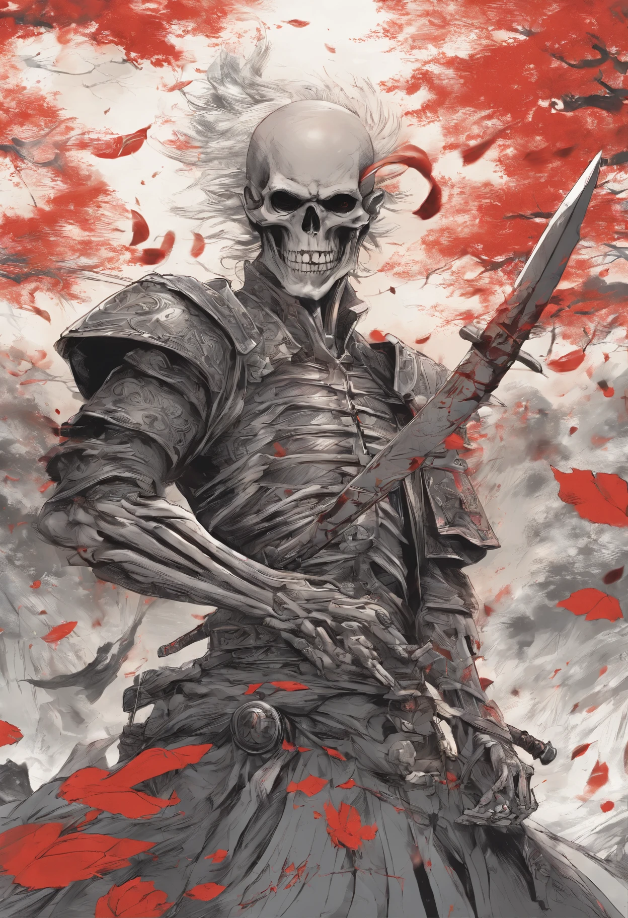 Manga Storyboard: 1.8, Manga Layout,(8K, 16 K, awardwinning, Highest Quality, High resolution, Super Detail,), Highly detailed 4K resolution digital artwork, (Skeleton Swordsman: 1.3), Samurai,Kimono、Hakama's lighting is dynamic, Intricate details are highlighted, Splash art with triad colors and deep tones, Storybook style, Warriors have no hair, The best camera models and lenses, Japanese Katana Sword, A large tree with autumn leaves, red leaves, Return blood, Overwhelming beauty, A bundle of swords stuck in the ground, Symbol of strength. accurate anatomy, (isolation: 1.1), (Reflected Light: 1.2), glass, super detailed, Convoluted, oil on canevas, Dry brush, detail Enhanced, Dynamic Poses、dynamic compositions、Detailed finger、Detailed hand、A detailed face、32K , hyper HD, Comic Panel Layout, Voice bubbles, english text, Hand-drawn audio stickers used in cartoons, Spoke Heart, Read the ellipsis, Spoke question mark, Read an exclamation point, Read notes aloud, Otherworldly, 1990s style ), Effect Lines