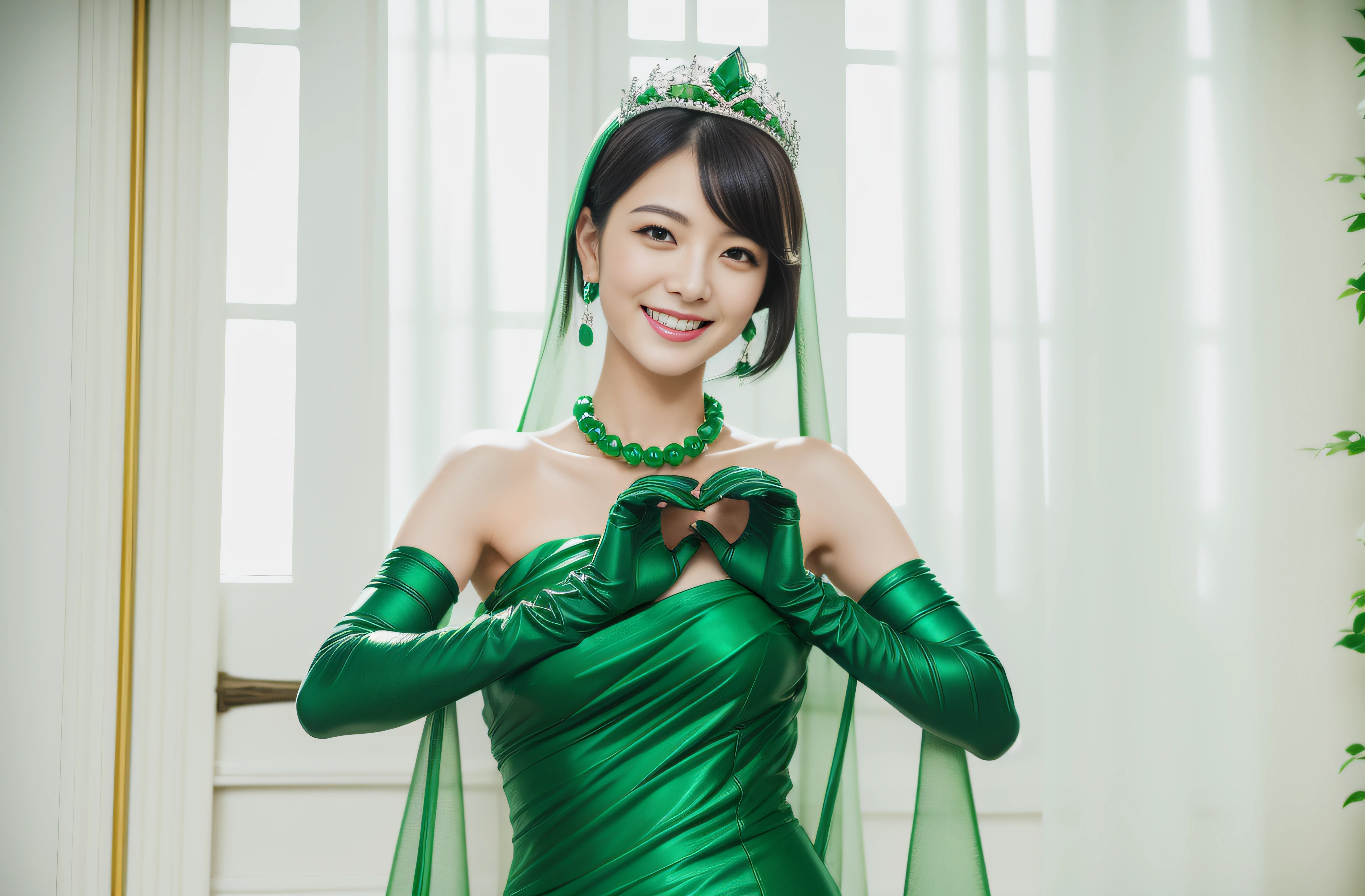 Boyish very short black hair, lipsticks, Japan woman smiling, Green Long Grove, Emerald Tia boyish very short black hair, lipsticks, Japan woman smiling, Satin green long gloves, emerald tiara, Green Pearl Necklace, verd s eyes, Green eyes, Long green gloves made of satin material, big breasts beautiful, Green Bridal Veil