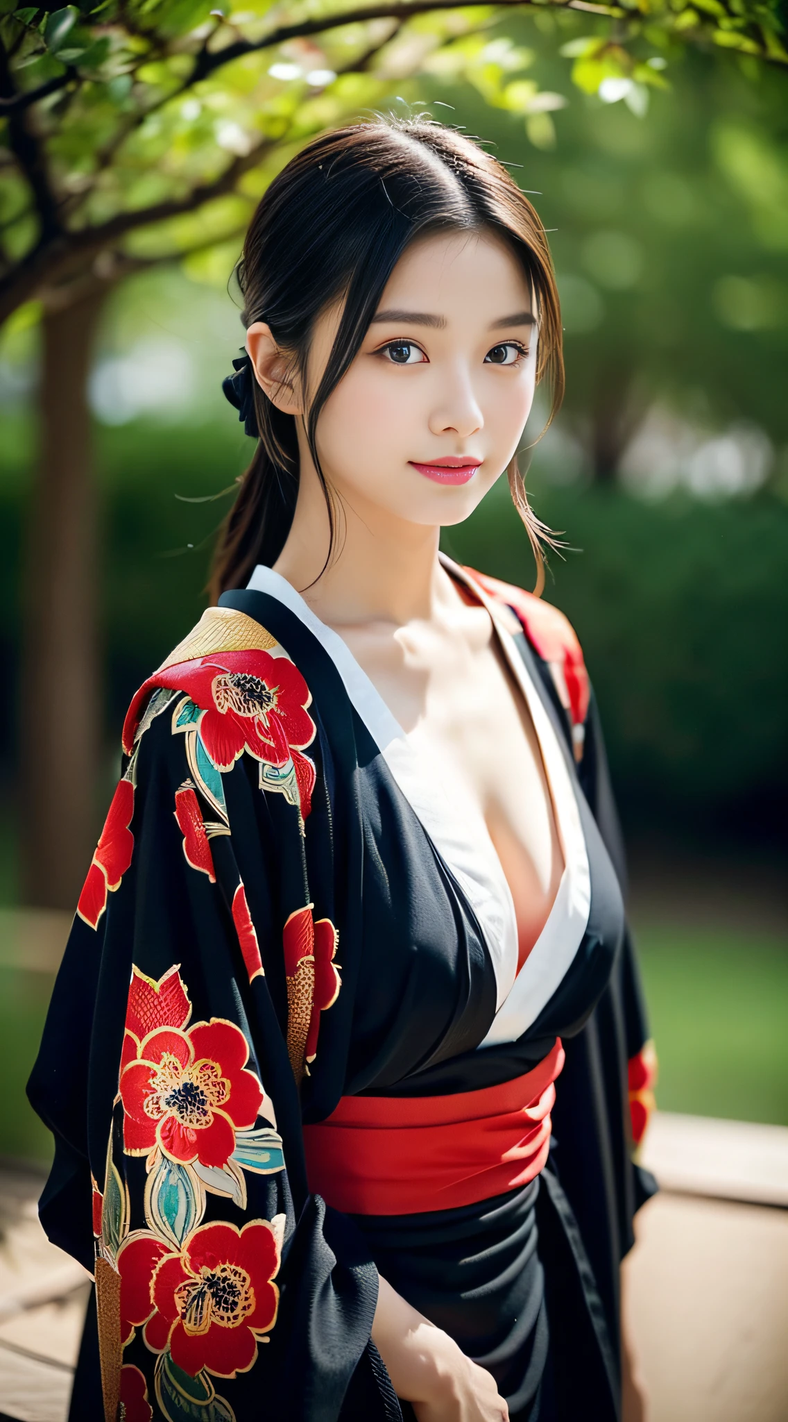 (((32ｋ,high detal,high-detail、​masterpiece,Attention to detail,full body Esbian,独奏))),Raw photo & realistic atmosphere,beautiful dark blue eyes,Detailed mouth,Glossy lips,Detailed eyebrows,Eyes drawn in detail with soft white skin that shines with every detail、Very beautiful eyes with azure eyes,Detailed lips、Very beautiful face,Very well-formed face、Lifelike face,shiny beautiful lips,Beautiful eyebrows,Infinite reality, Realistic Young Gravure Idol,Very cute high school girl, , Young Sensual Gravure Idol, Young Gravure Idol, extremely beautiful and cute１7-year-old pointed samurai beautiful girl,with a flushed face,Incredibly beautiful and classy１7 year old beautiful girl,natural soft light,（Black shiny hair,,bare-legged,Samurai kimono and black hakama,Beautiful kind eyes：1.5）,（youthfulness,Heavy wear,Return to bare neck,Gentle smile,well-shaped breasts,,Immature body,japanese samurai,Japanese-style black floral kimono based on red and black,Japanese style medium hair,Hang your hair high and tie it into one,Beautiful posture,crouching down,no-makeup,woman samurai,woman swordsman,Influence of Shinsengumi,Looking into the distance,Japanese pattern haori,Lots of Japanese-style hair ornaments,cleavage of the breast,Black Hakama：1.6）