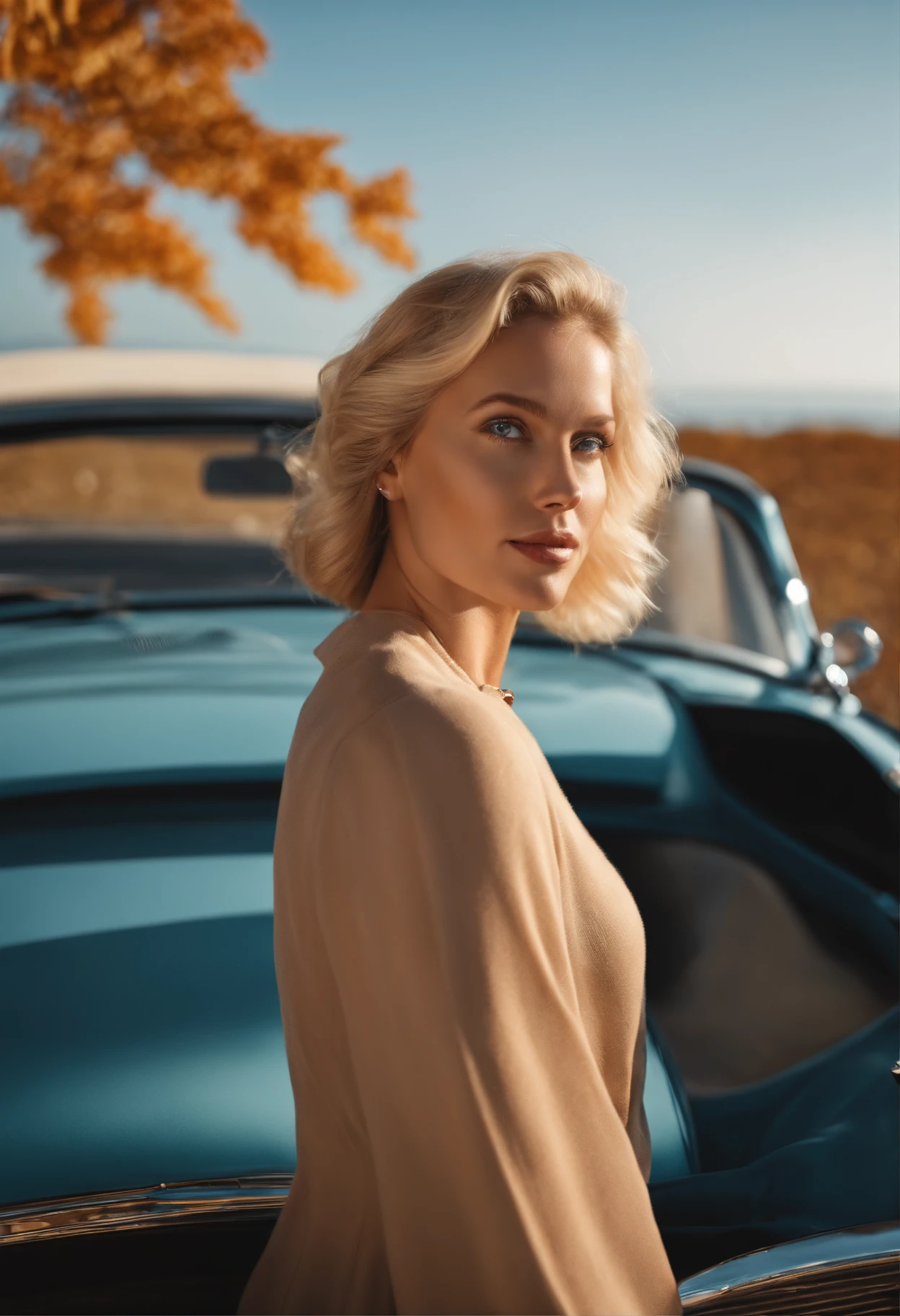 blonde woman, blue eyes,autumn , retro car and sea in the background, sunny day, half body shot, high quality photo