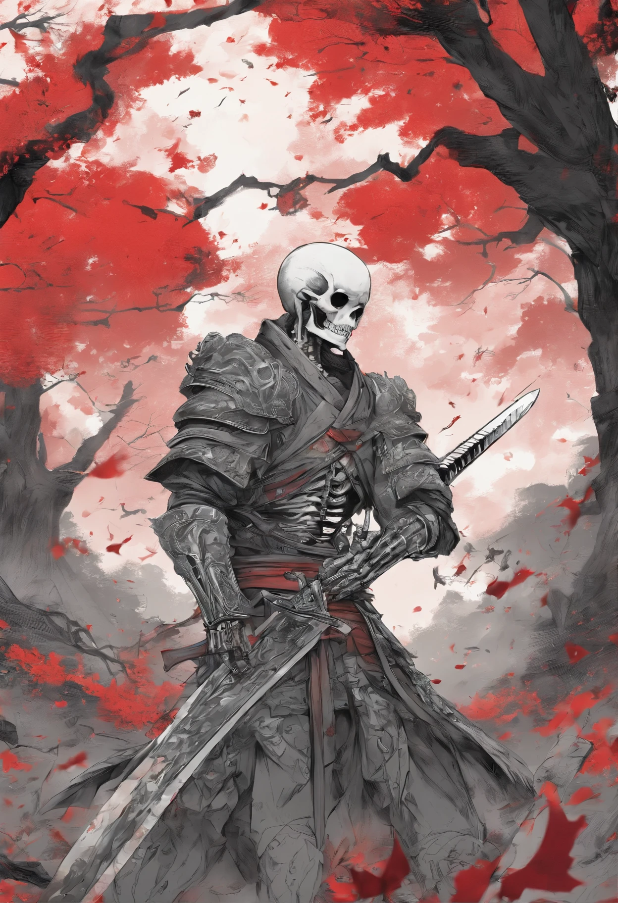 Manga Storyboard: 1.8, Manga Layout,(8K, 16 K, awardwinning, Highest Quality, High resolution, Super Detail,), Highly detailed 4K resolution digital artwork, (Skeleton Swordsman: 1.3), Samurai,Kimono、Hakama's lighting is dynamic, Intricate details are highlighted, Splash art with triad colors and deep tones, Storybook style, Warriors have no hair, The best camera models and lenses, Japanese Katana Sword, A large tree with autumn leaves, red leaves, Return blood, Overwhelming beauty, A bundle of swords stuck in the ground, Symbol of strength. accurate anatomy, (isolation: 1.1), (Reflected Light: 1.2), glass, super detailed, Convoluted, oil on canevas, Dry brush, detail Enhanced, Dynamic Poses、dynamic compositions、Detailed finger、Detailed hand、A detailed face、32K , hyper HD, Comic Panel Layout, Voice bubbles, english text, Hand-drawn audio stickers used in cartoons, Spoke Heart, Read the ellipsis, Spoke question mark, Read an exclamation point, Read notes aloud, Otherworldly, 1990s style ), Effect Lines