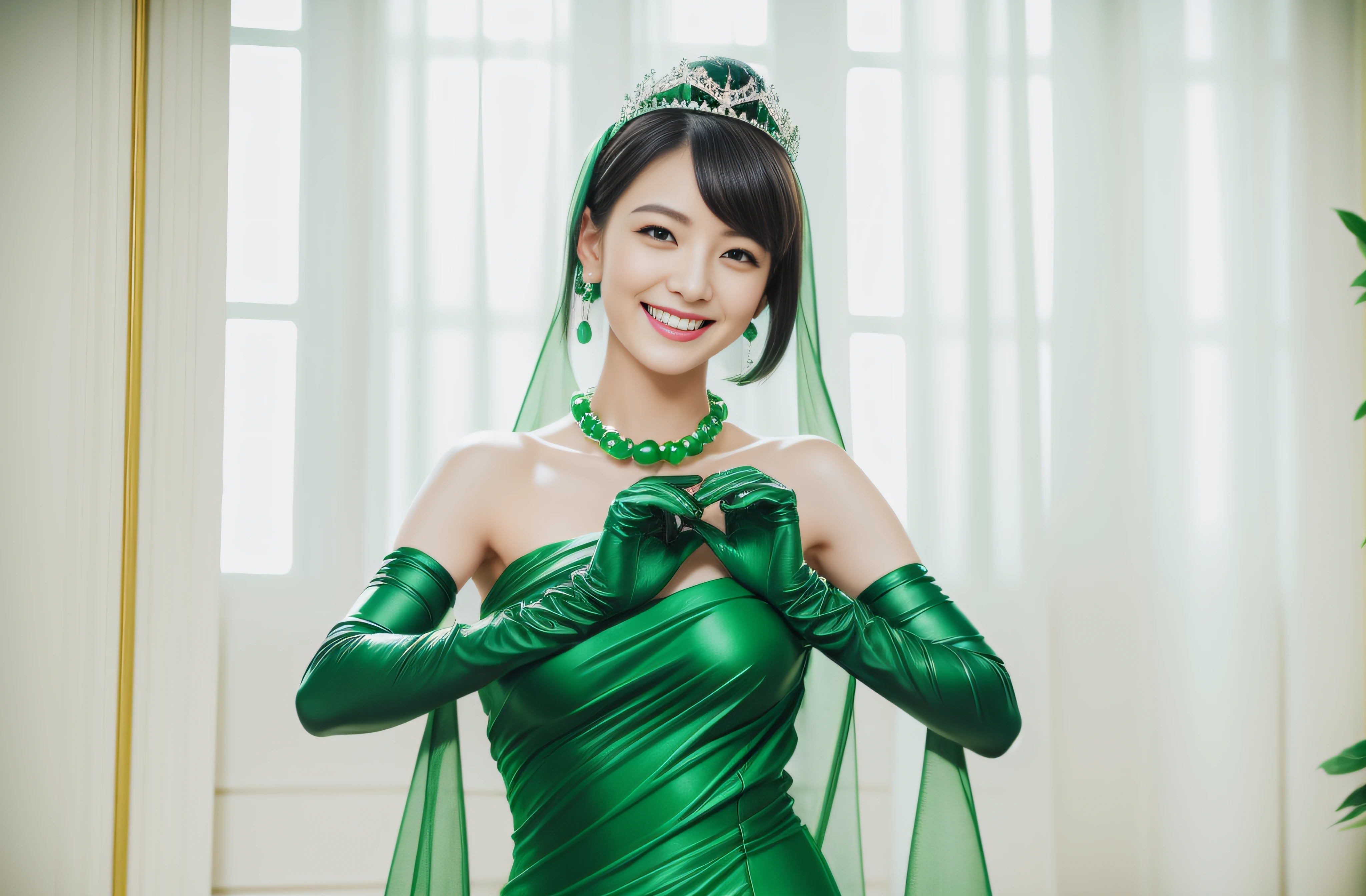 Boyish very short black hair, lipsticks, Japan woman smiling, Green Long Grove,　Emerald Tia boyish very short black hair, lipsticks, Japan woman smiling, Satin green long gloves,　emerald tiara, Green Pearl Necklace, verd s eyes, Green eyes, Long green gloves made of satin material, big breasts beautiful, Green Bridal Veil
