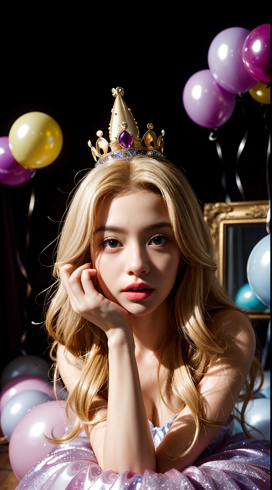A Barbie princess wearing a birthday lightweight dress, wearing a beautiful crown, an indoor photography of a birthday party, inflated colorfull balloons, an art installation by Martin Creed, ((Full body shot)), bunch of people at the background, delicate face, white skin, delicate facial features, perfect facial features, delicate hair portrayal, delicate eyes portrayal, 8k picture quality, atmosphere sense, the highest quality, masterwork, extreme detail, high resolution, blurry foreground, foreshortening, high quality, Masterpiece, best quality, blonde long hair, midshot, centered image, ultra detail, extremely face detail, extremely eye detail